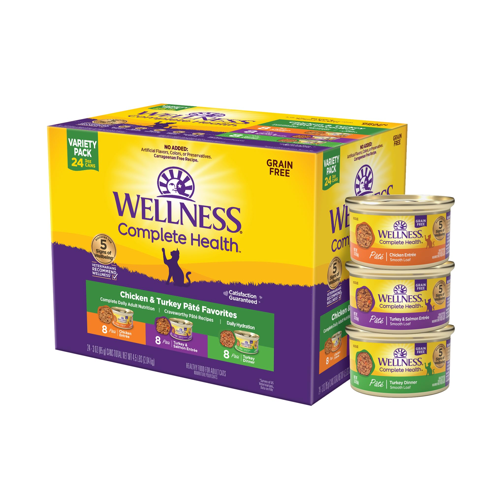 Wellness Complete Health Grain-Free Wet Canned Cat Food, Chicken & Turkey Lovers Minced and Gravies Variety Pack, 3 Ounces (Pack of 24)