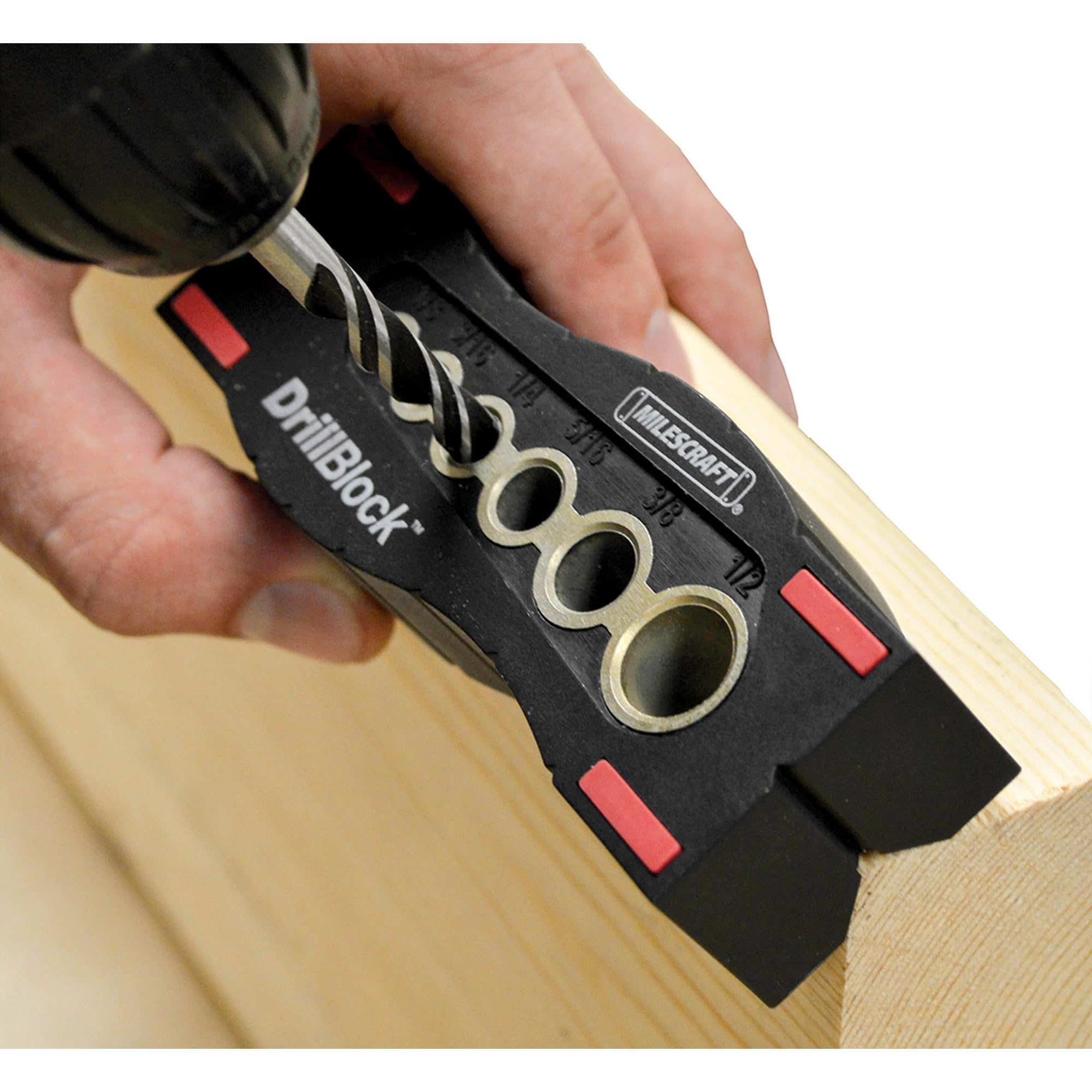 Milescraft 1312 Drill Block - Handheld Drilling Guide, Drilling Jig with Drill Guides for 6 of the Most Common Imperial Drill Bit Sizes, Precision Drilling Tool Accessory