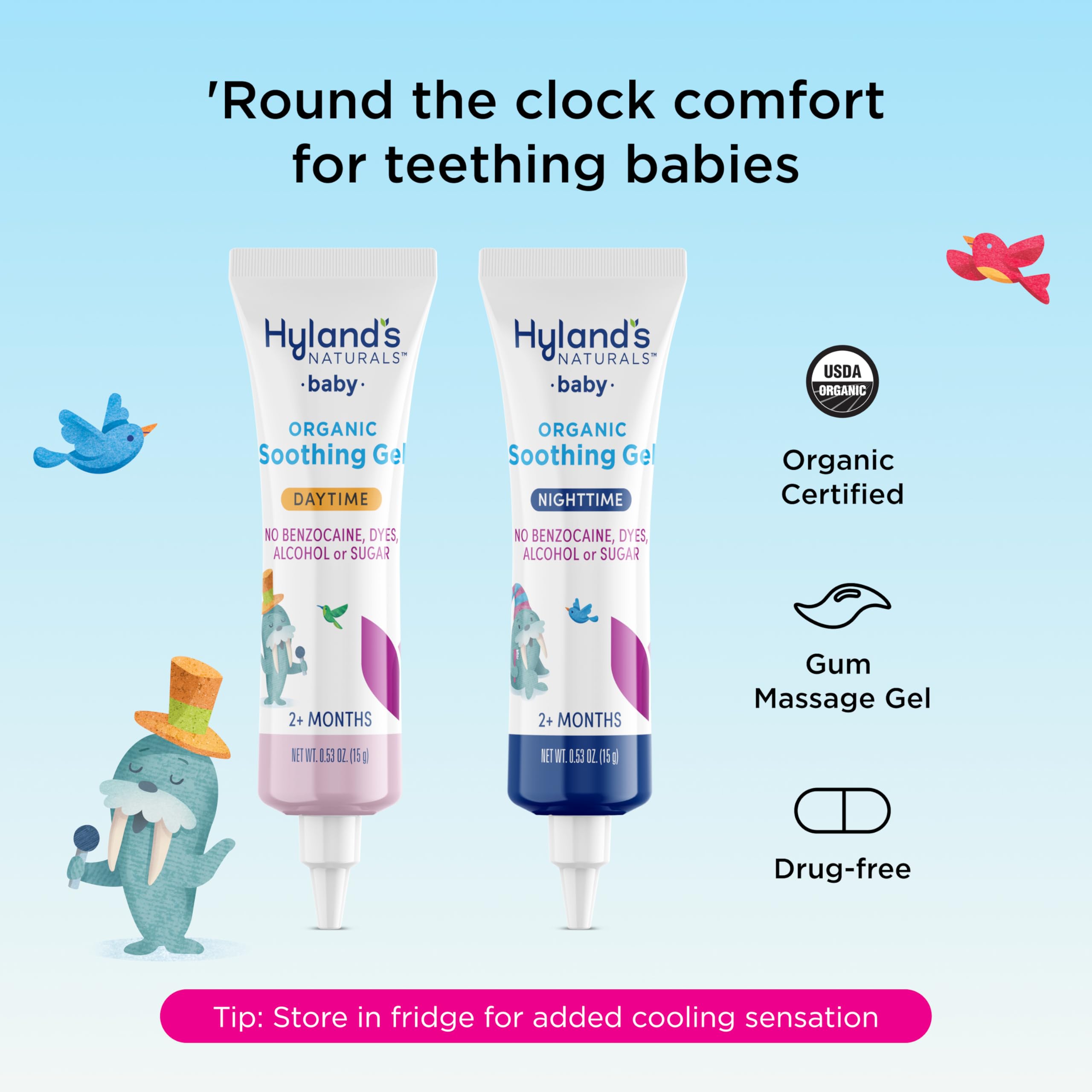 Hyland's Baby - Organic Day/Night Soothing Gel Combo Pack, Cooling Gel for Oral Discomfort, Easy-to-Apply, Ages 2 Months & Up, 1.06 Ounce (2 Tubes of 0.53 oz.)