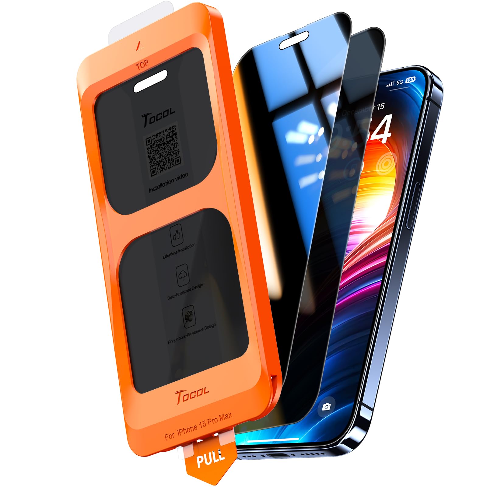 TOCOL for iPhone 15 Pro Max Privacy Screen Protector [True 25°Anti Spy], [9H+ Hardness] Tempered Glass for iPhone 15 Pro Max Full Coverage Screen Protector, Easy Installation, 2 Pack