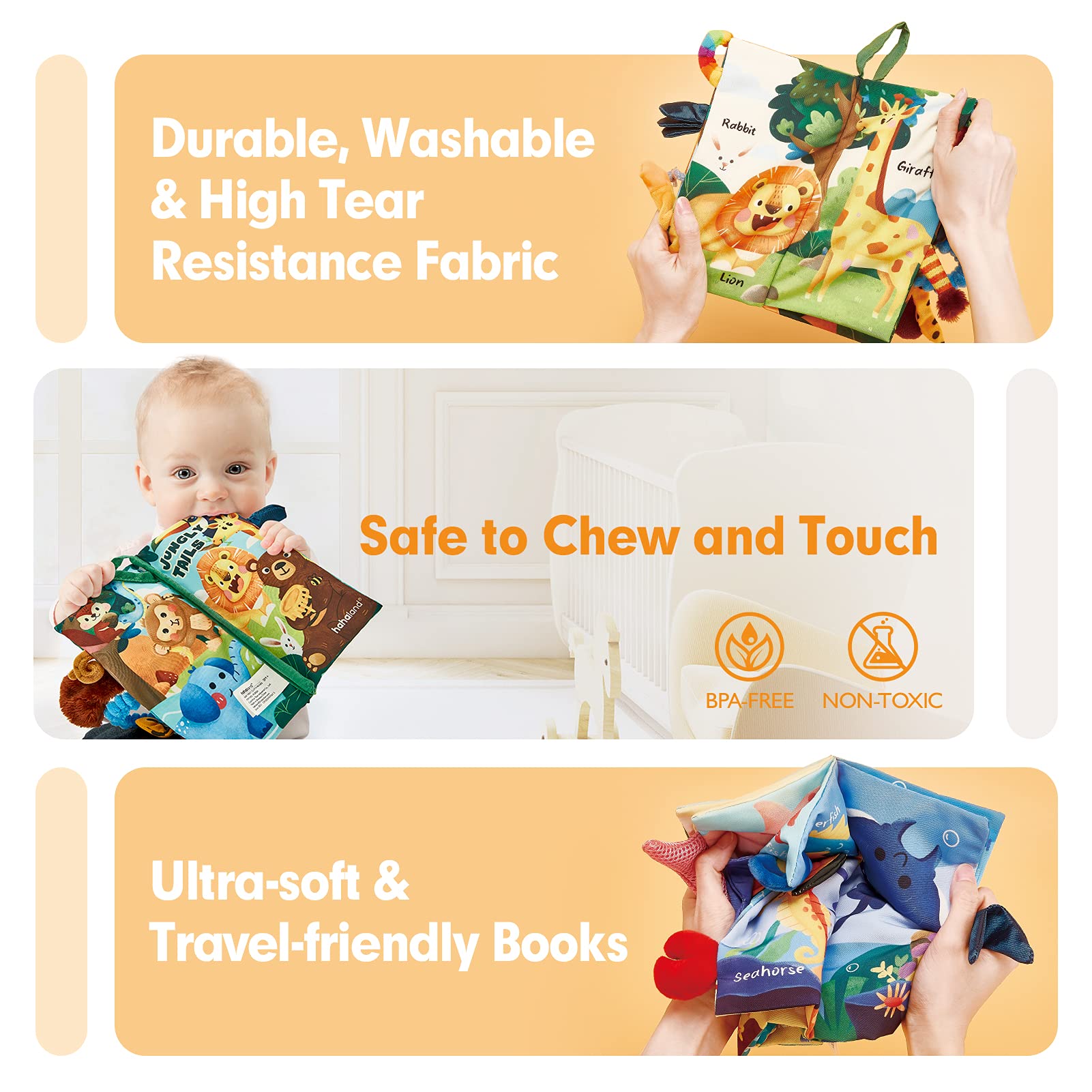 hahaland Baby Toys 0-6 Months - Crinkle Books for Babies 2PCS, Cloth Texture Tails Sensory Book 6-12 Months, Soft Tummy Time Toys 3 4 5 Month Newborn Infant Boys Gifts Christmas Baby Stocking Stuffers