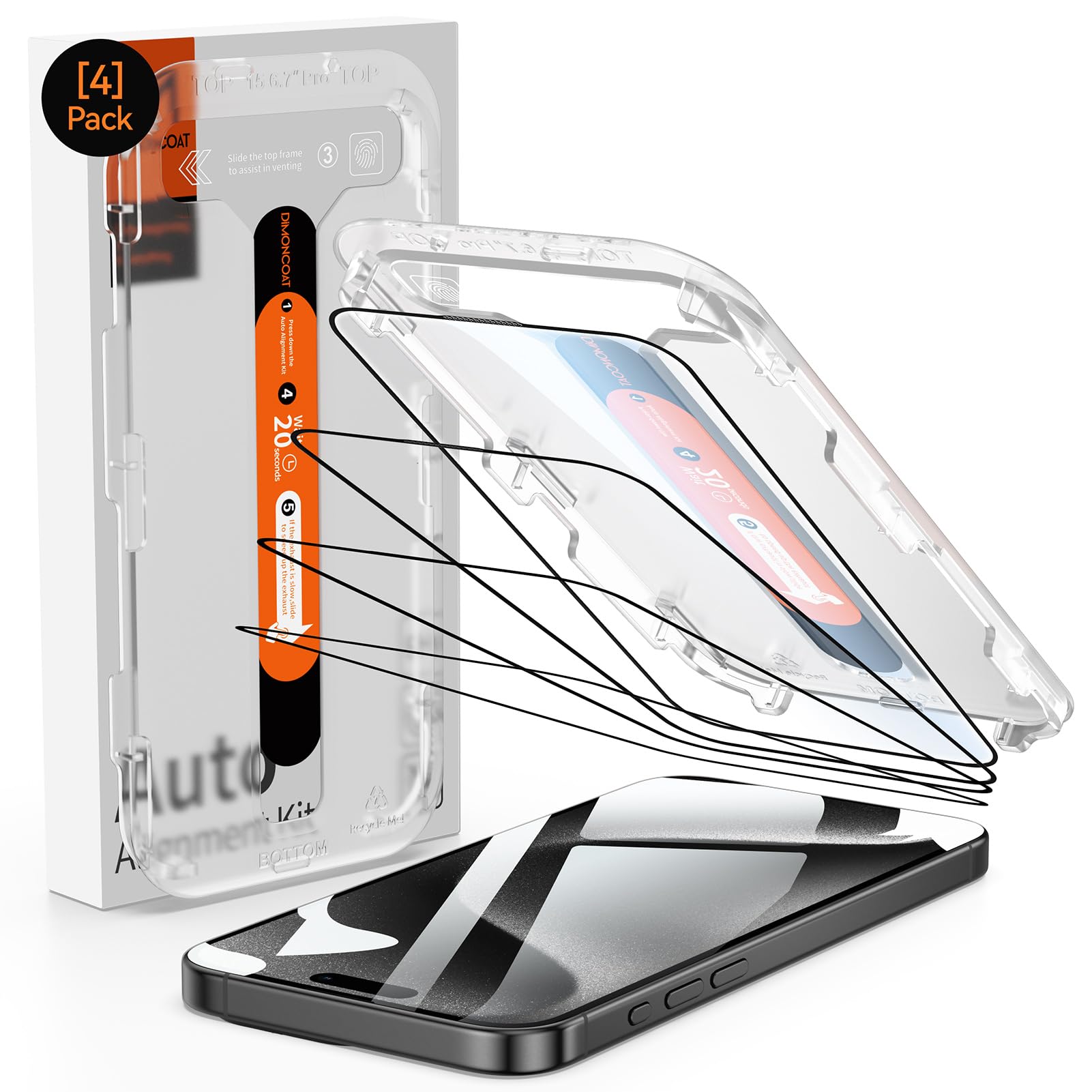 DIMONCOAT 4-Pack TOP 9H+ Glass for iPhone 15 Pro Max Screen Protector 6.7"[13FT Military Grade Shatterproof][Auto Alignment Kit] Screen Protector 15 ProMax Tempered Glass Longest Durable Case-Friendly