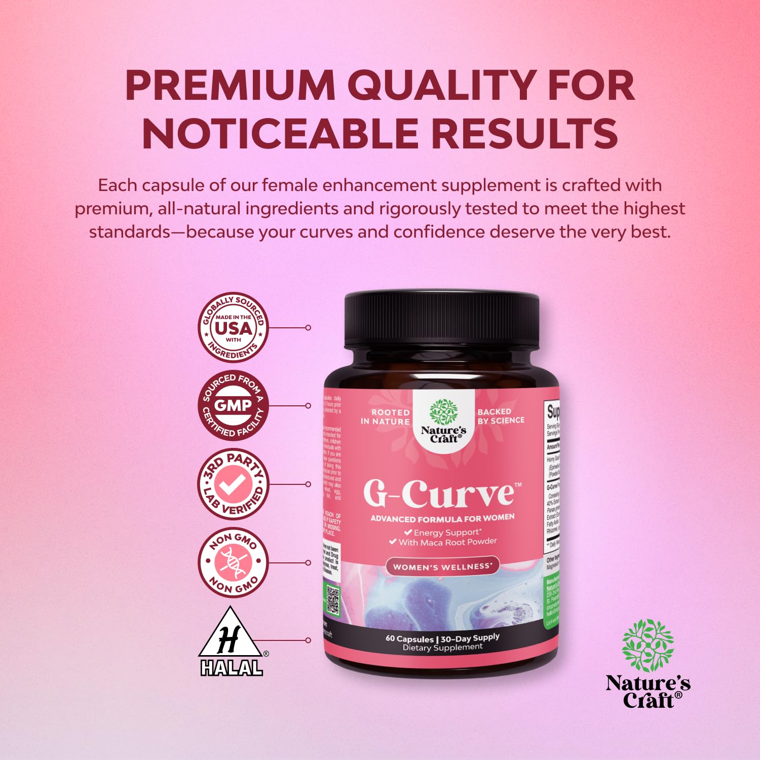 Natures Craft G-Curve Butt and Breast Enhancement Pills - Herbal Enhancer May Support Body Sculpting Curves with Saw Palmetto Extract Horny Goat Weed for Women *Results Vary 60 Count
