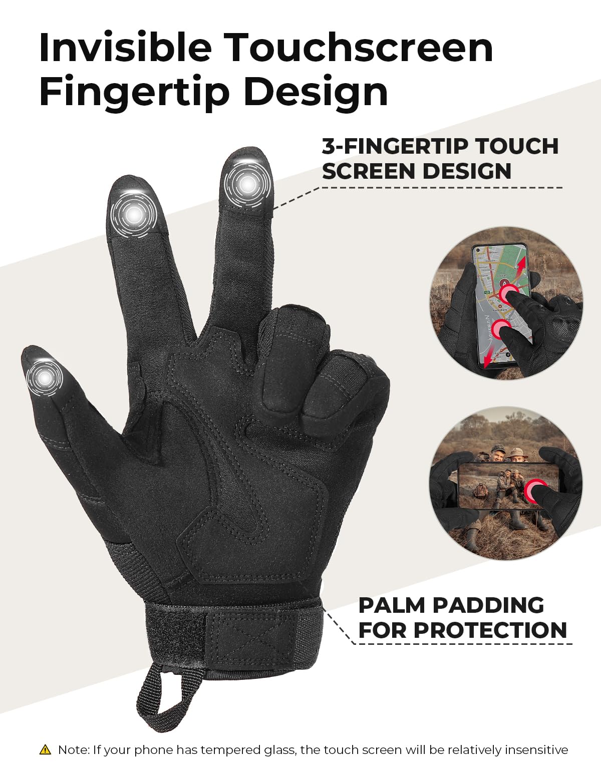 KEMIMOTO Tactical Gloves for Men, Touchscreen Motorcycle Gloves with Hard Shell & Palm Padding for Sports Motorcycle Cycling Tactical Airsoft Paintball Hunting Hiking Camping Climbing (Black,Medium)