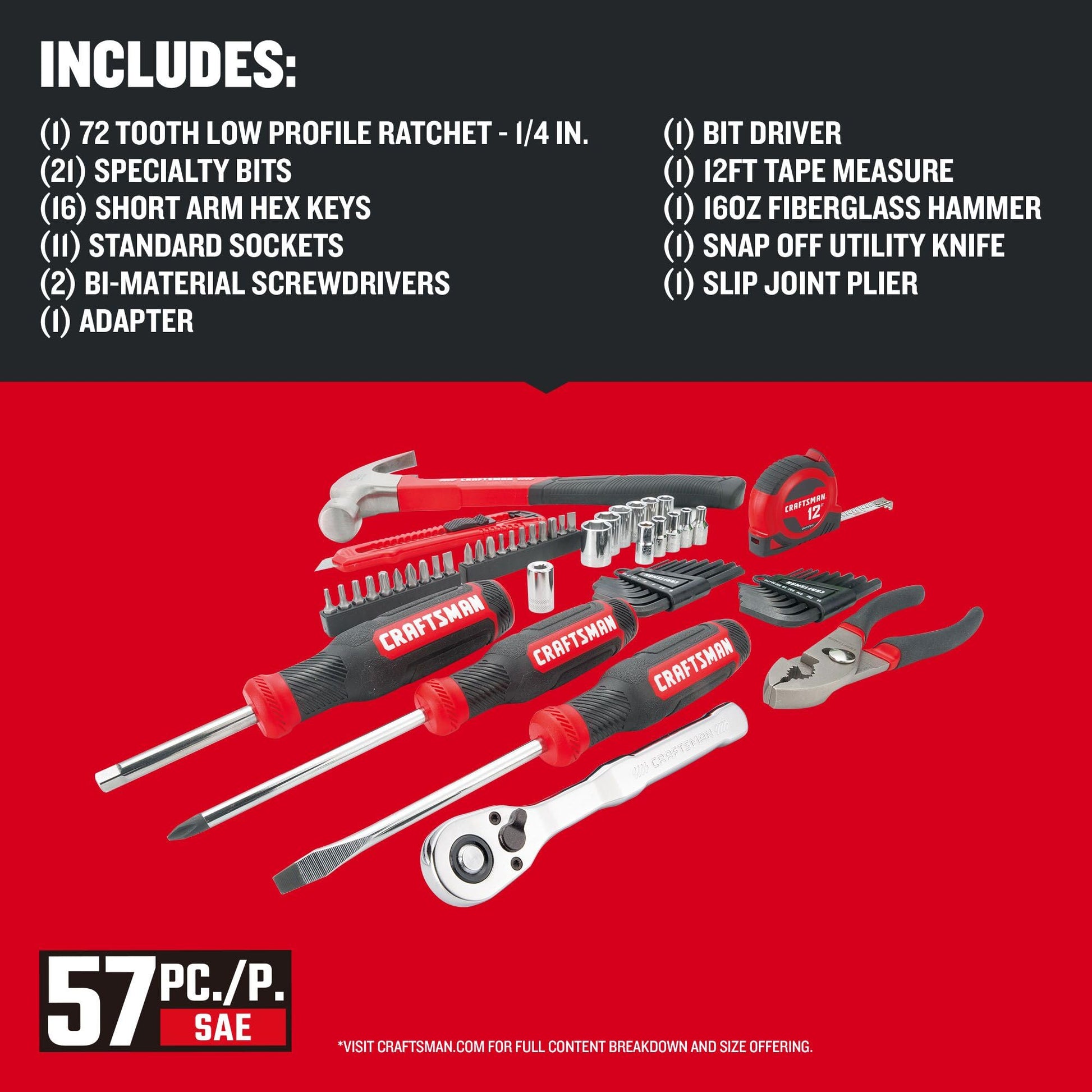 CRAFTSMAN 57 Piece Mechanics Tool Set Home Tool Set, Sockets, Ratchet, Screwdrivers, Hammer, Pliers, Hex Keys, Specialty Bits Hand Tools (CMMT99447)