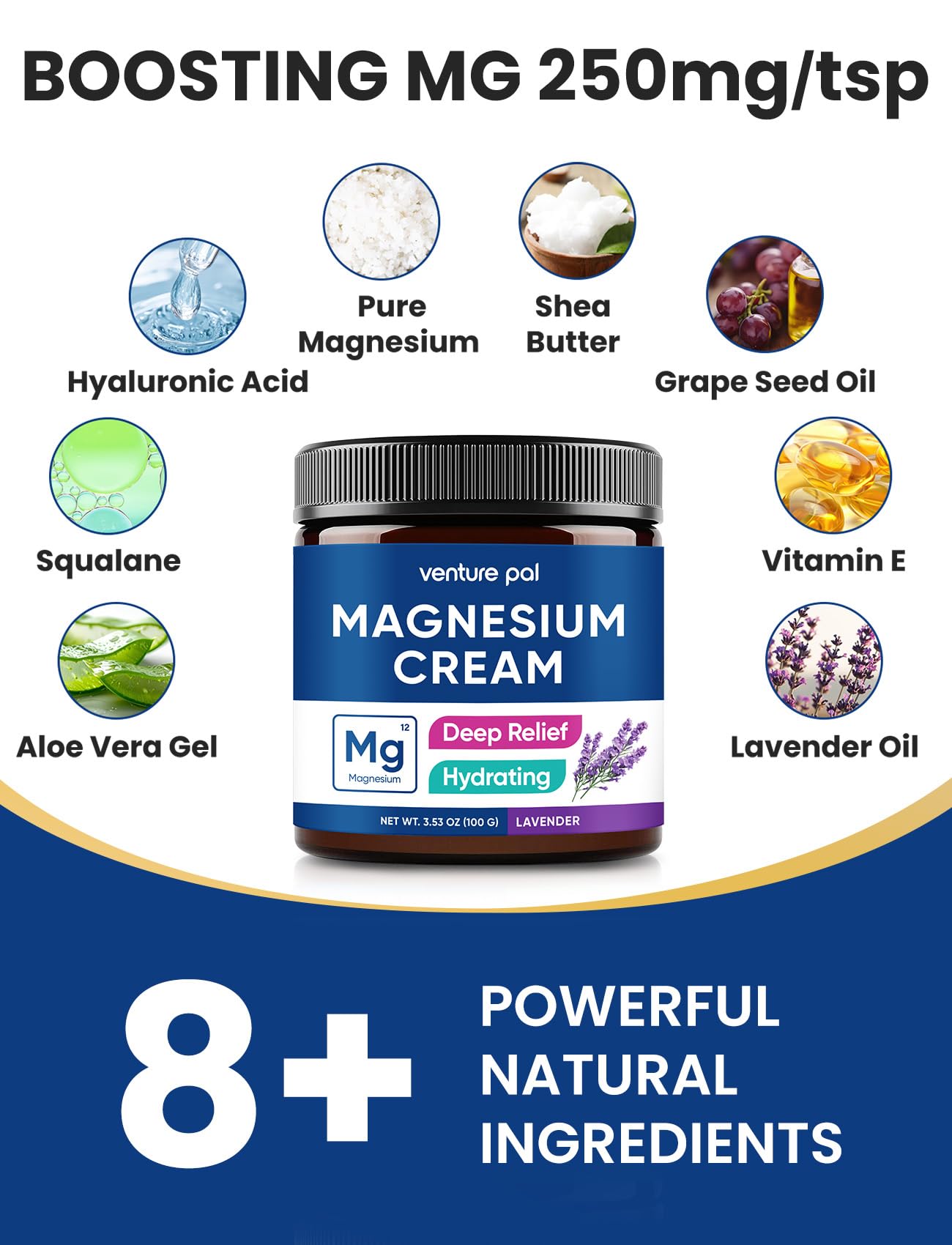 Venture Pal Magnesium Lotion, Topical Magnesium Cream for Sleep, Leg Cramps & Pain, Muscle Relaxation, Calm, Moisturizing Supplement with Coconut Oil, Shea Butter & Hyaluronic Acid, Safe for Kids