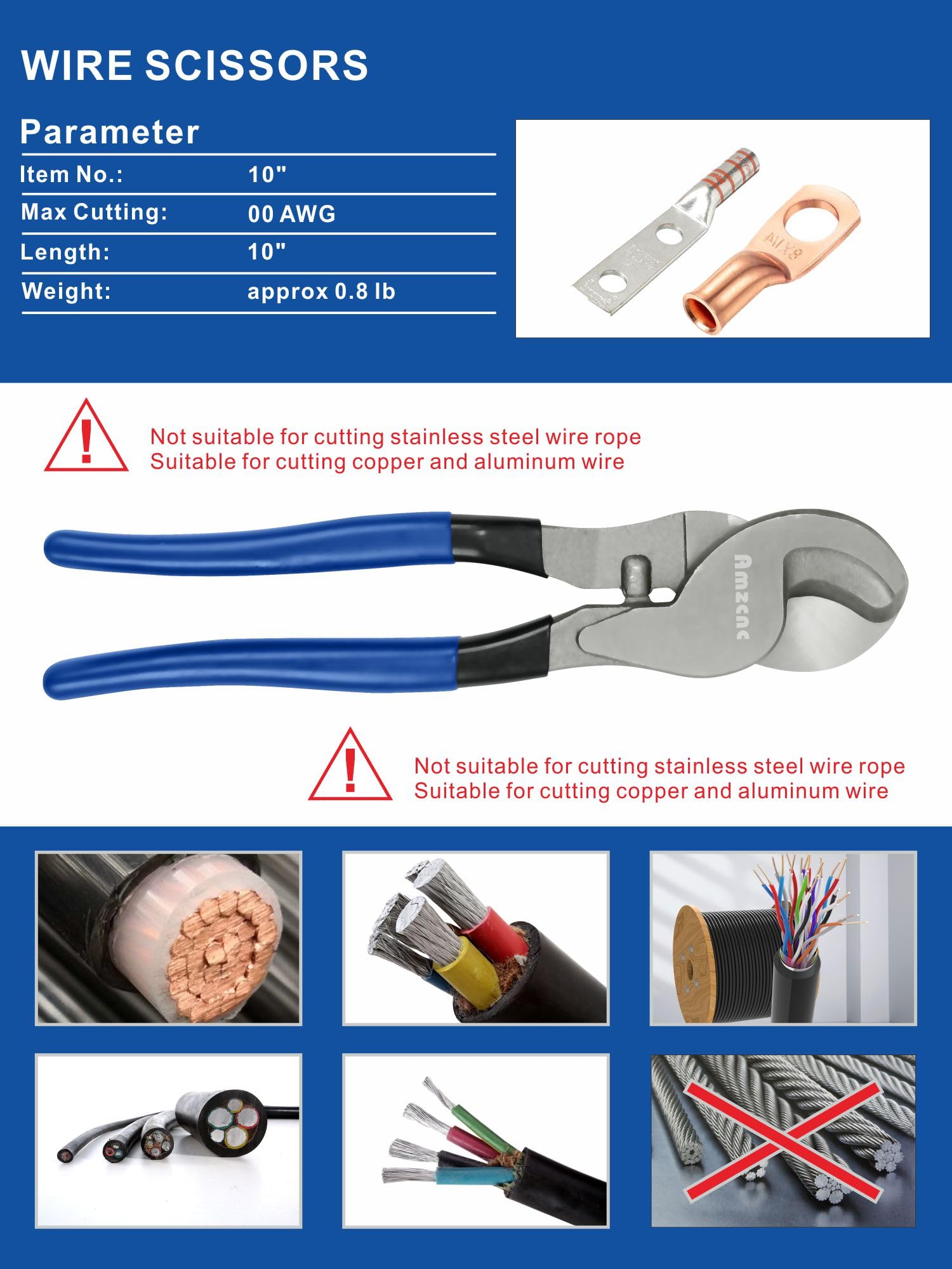 AMZCNC Hydraulic Crimping Tool and Cable Cutter Hydraulic Cable Lug Crimper 8 US TON 12 AWG to 00 (2/0) Electrical Terminal Cable Wire Tool Kit with 9 Die