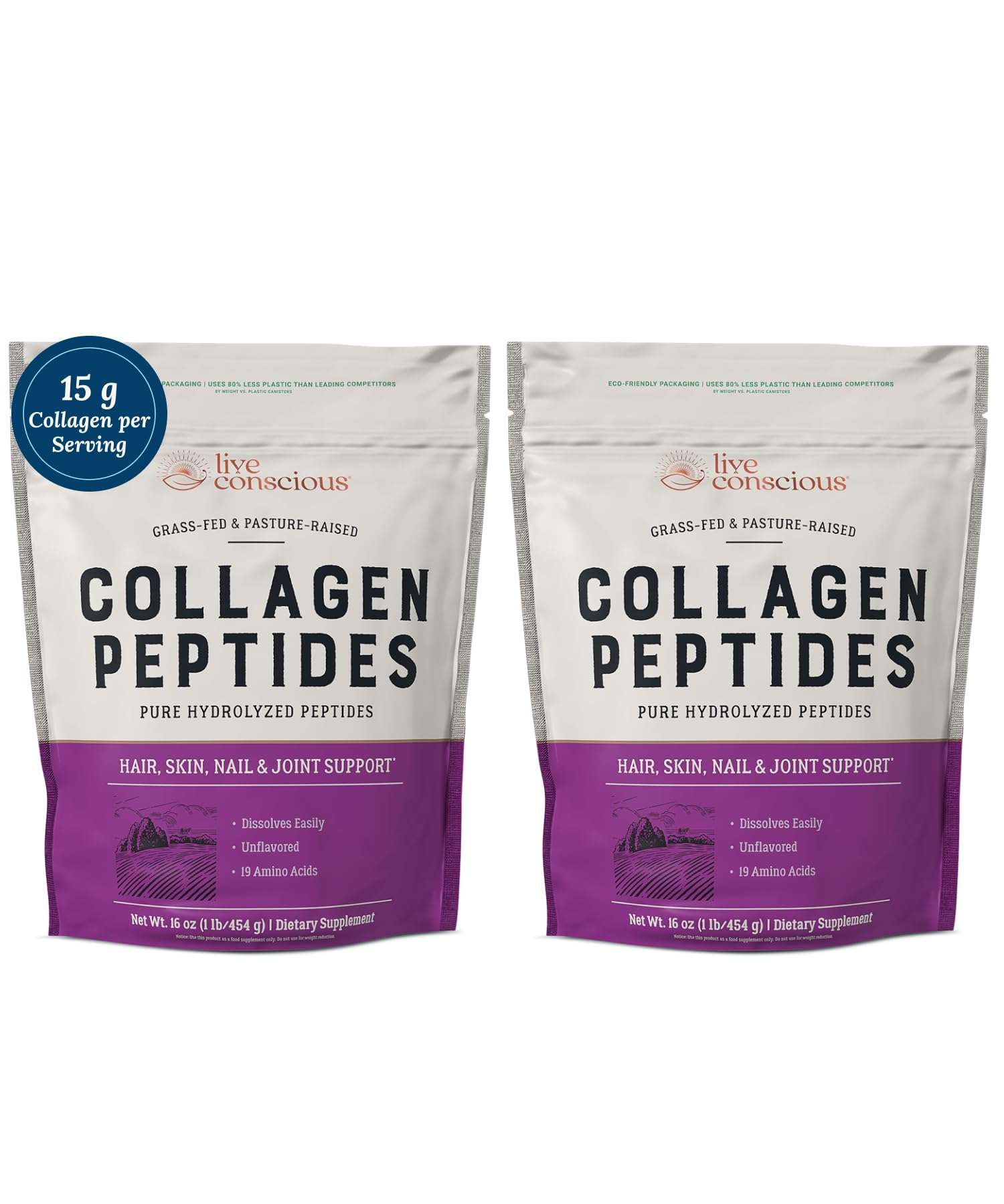 Live Conscious Collagen Peptides Powder - Naturally-Sourced Hydrolyzed Collagen Powder - Hair, Skin, Nail, and Joint Support - Type I & III Grass-Fed Collagen Supplements for Women and Men - 16oz