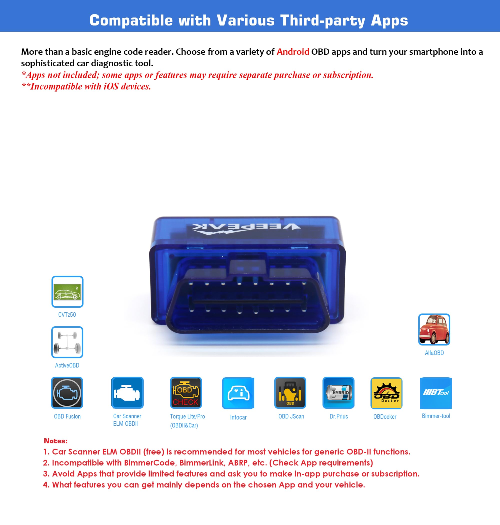 Veepeak Mini Bluetooth OBD II Scanner for Android (Incompatible with iOS), Car Wireless Check Engine Light Code Reader OBD Diagnostic Scan Tool
