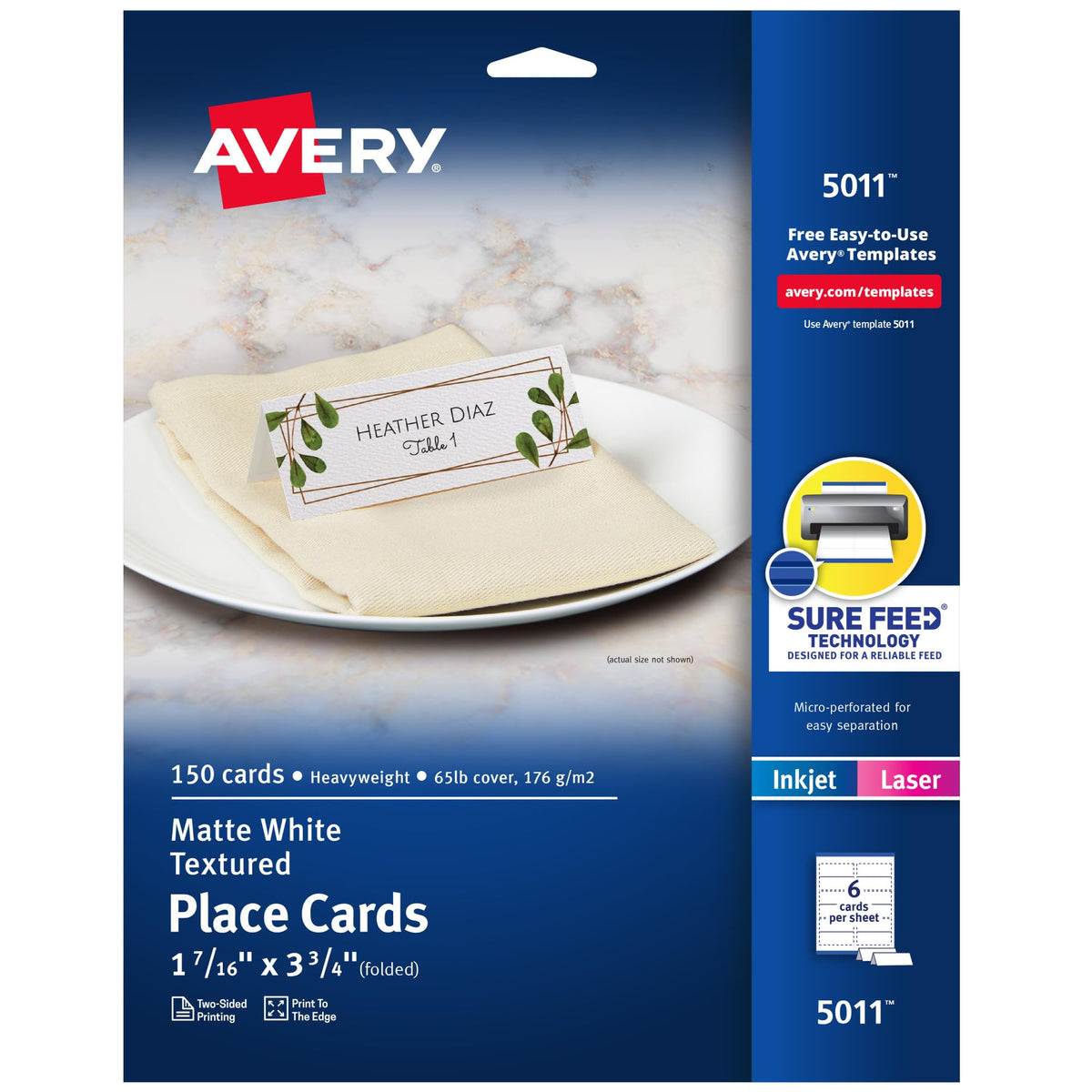 بطاقات مكان قابلة للطباعة من Avery بتقنية التلقيم الموثوق (Sure Feed Technology)، مقاس 1-7/16 بوصة × 3-3/4 بوصة، أبيض غير لامع، 150 بطاقة خيمة فارغة لطابعات الليزر أو الحبر النفاث (5011)