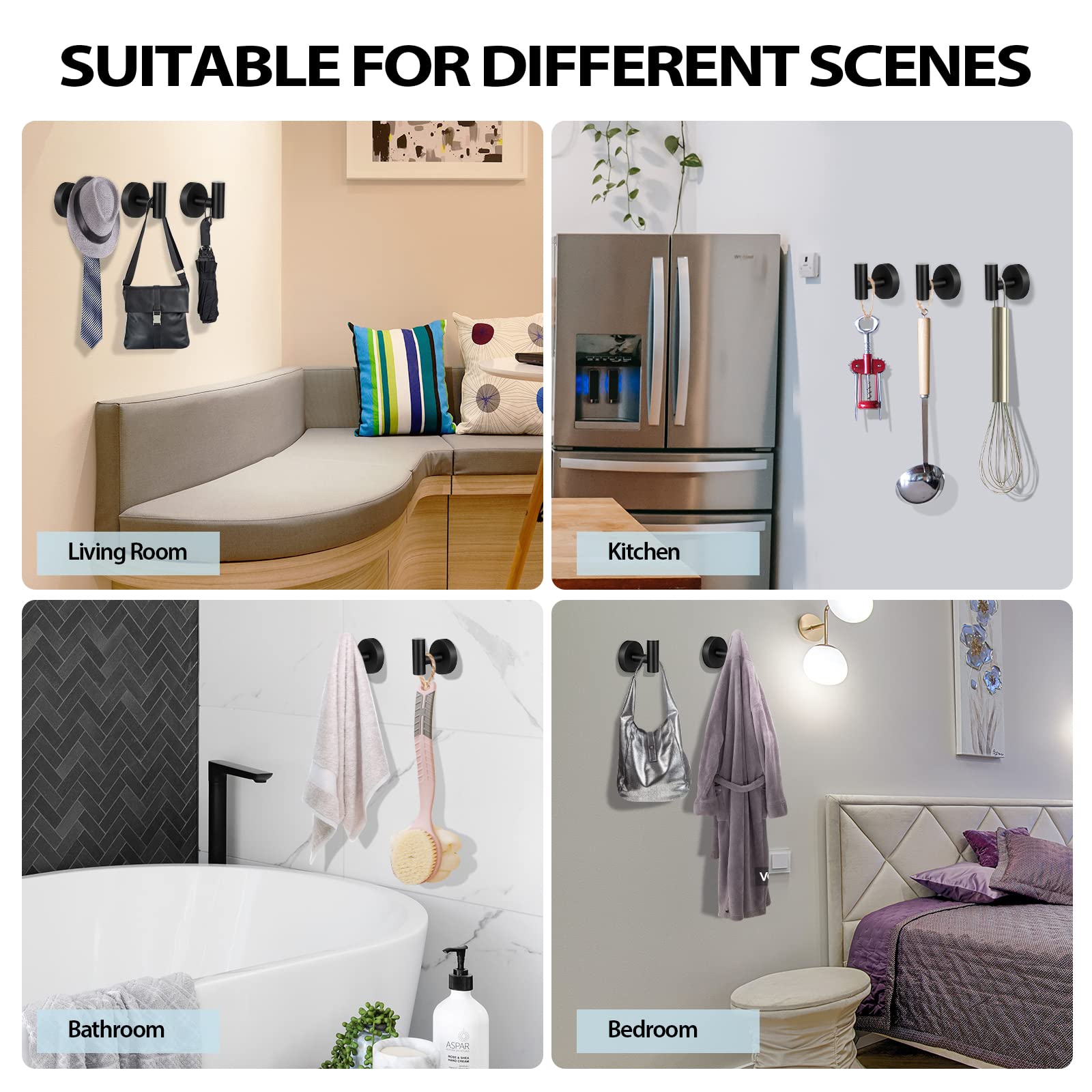 Kruodop Towel Hooks for Bathroom,2 Packs Wall Mount Towel Holder,Black Matte Wall Robe Hook,Stainless Steel Heavy Duty Door Hanger Towel Hook for Kitchen, Bedroom,Hotel,Pool,Coats(Drilling)