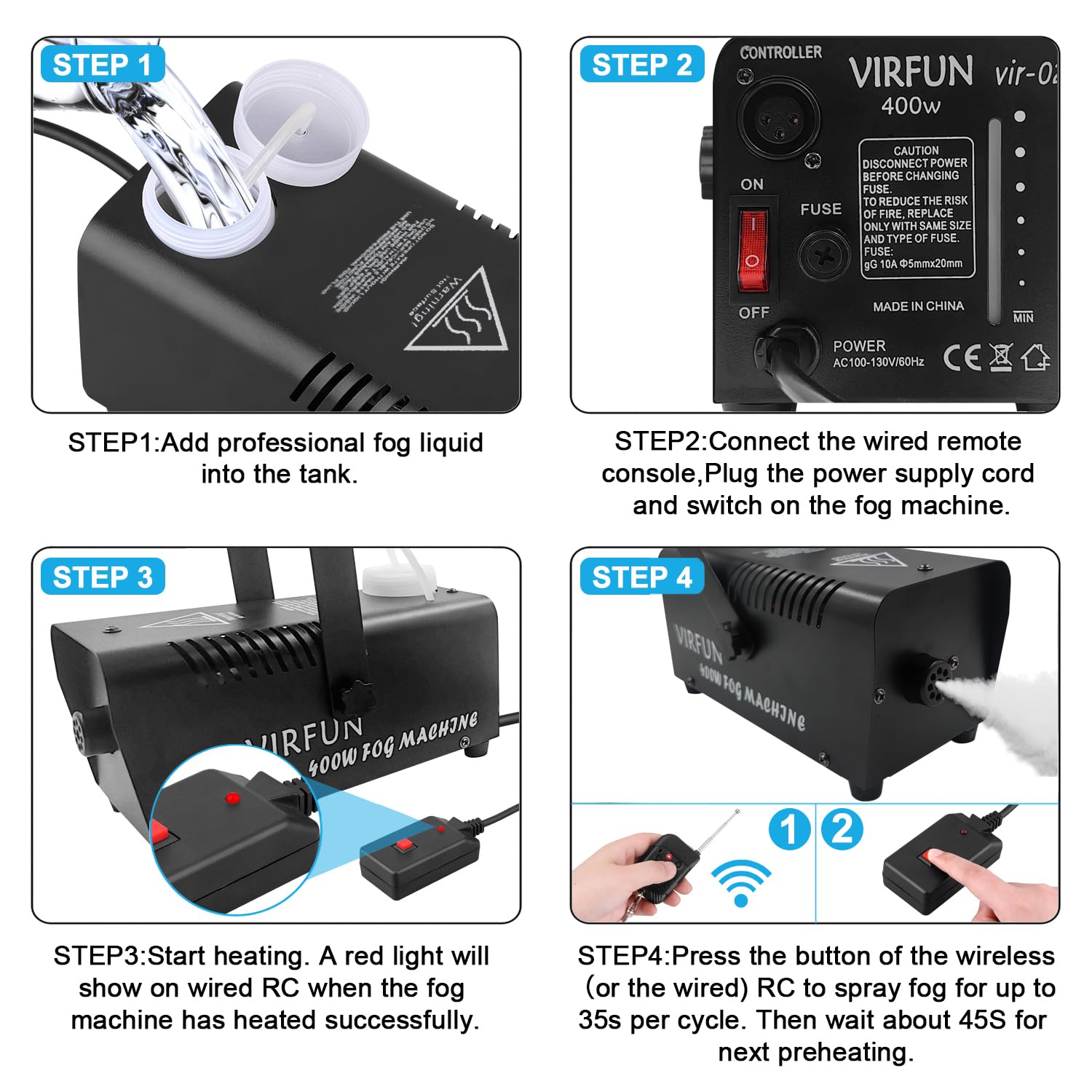 VIRFUN Fog Machine, Smoke Machine with Wireless&Wired Remote Control for Parties Halloween Wedding and Stage Effect, 400W