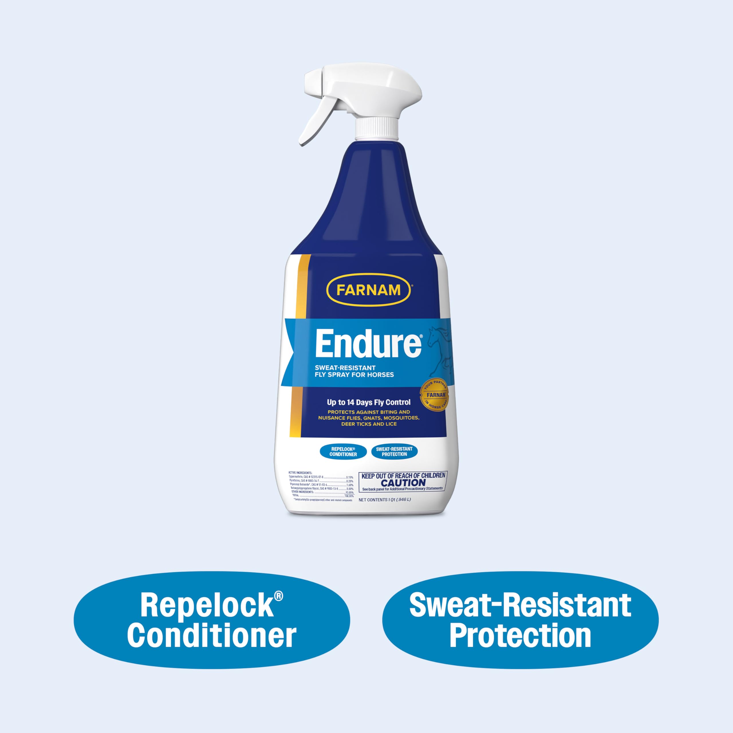 Farnam Endure Sweat-Resistant Fly Spray for Horses, Lasts Up to 14 Days, Protects Against Flies, Gnats, Mosquitoes, Ticks & Lice, 32 oz.