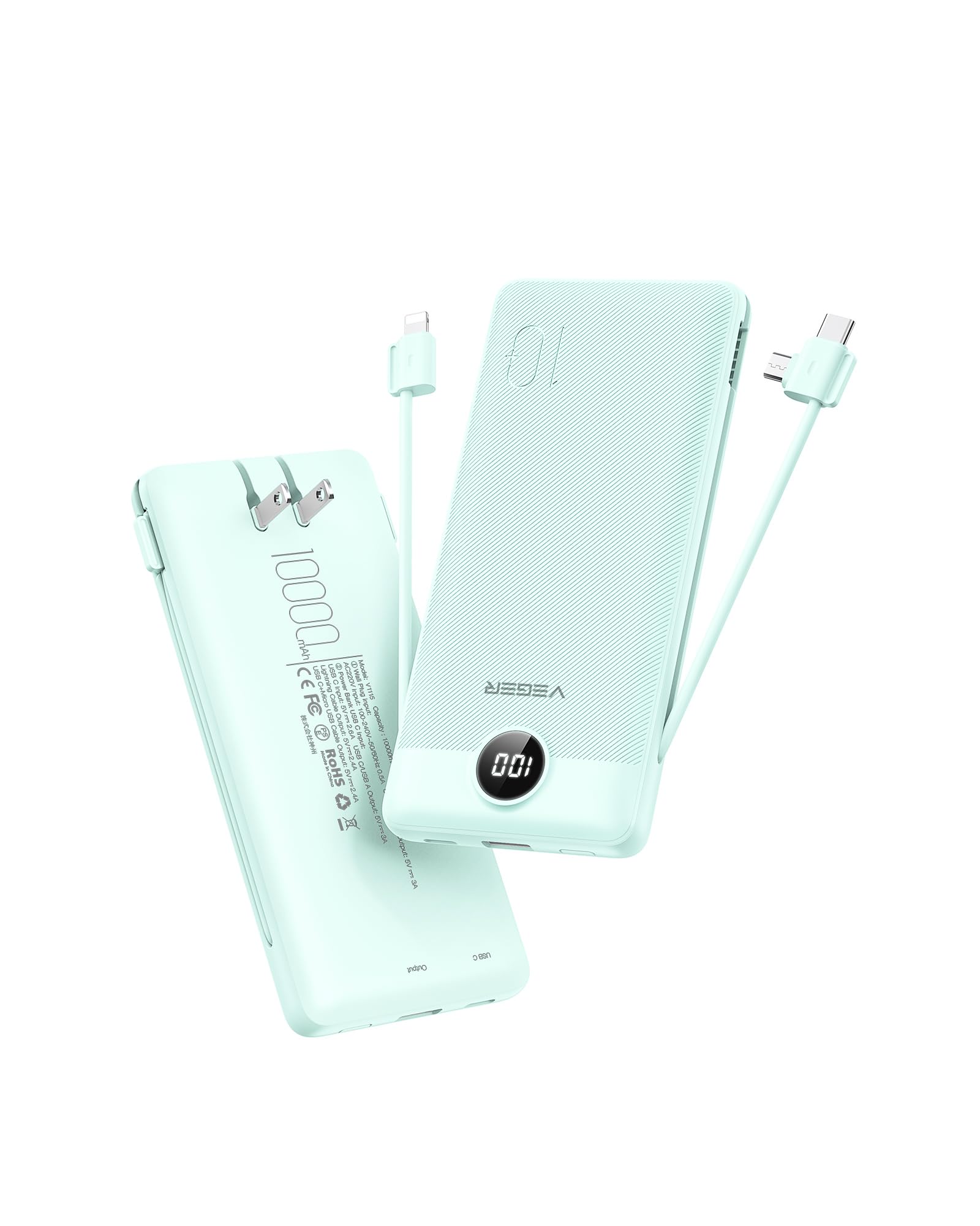 VEGER Portable Charger for iPhone with Built in Cables and Wall Plug, 10000mah Slim Fast Charging USB C Power Bank, Travel Essential Battery Pack Compatible with iPhone, iPad, Samsung etc(Navy)