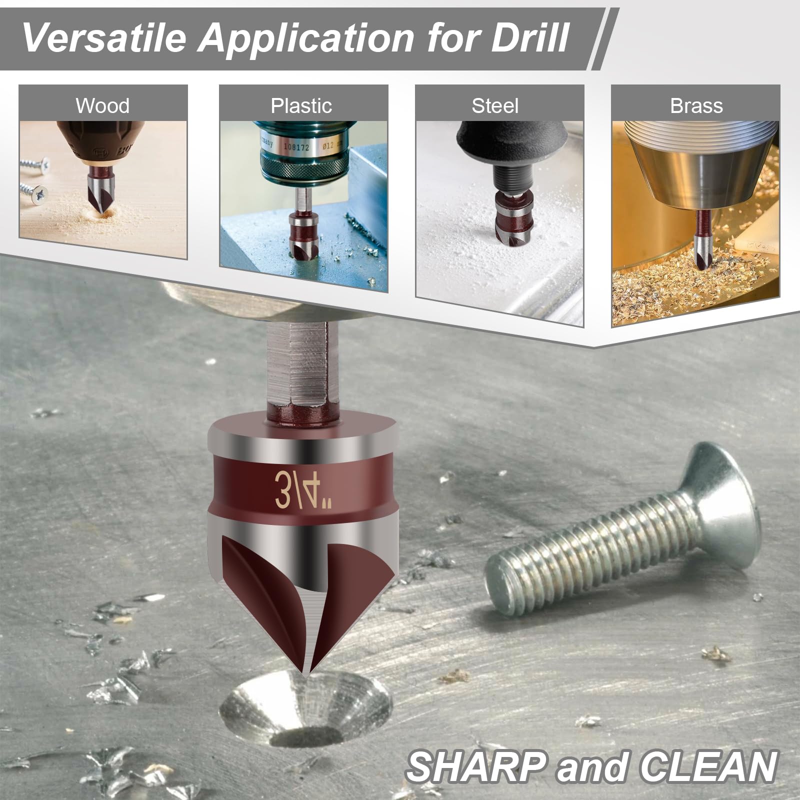 5PCS Countersink Drill Bit Set, 82 Degree HSS Counter Sink Drill Bit for Wood, Metal, Plastic, 1/4"-3/4" with 1/4" Hex Shank Countersink Bit Set