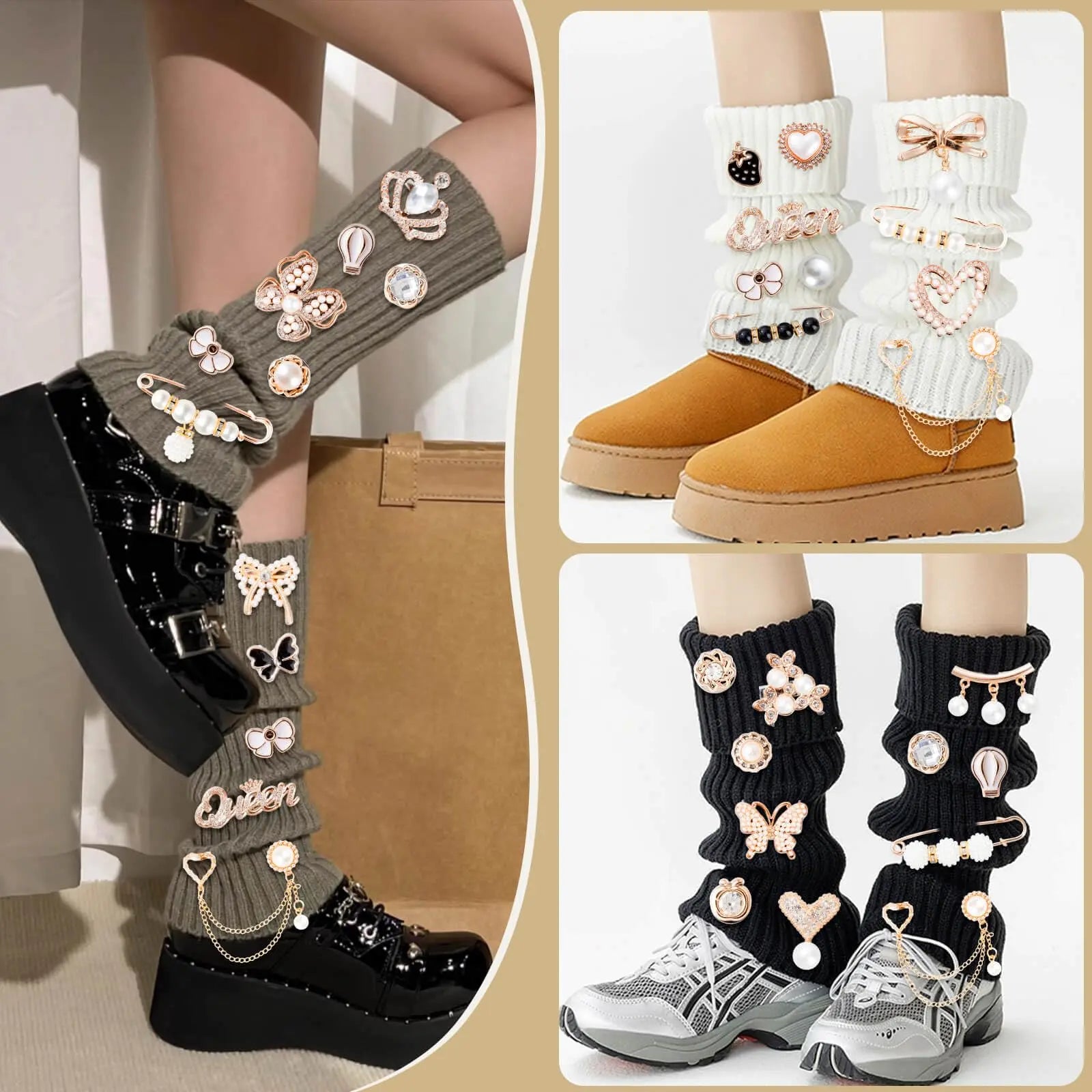 RQAYE 80pcs Junk Socks Charms Kit, Brooches and Pins for Women,Gold Shoe Charms,Shoe Charms for Sneakers, Safety Pin,Sock Charms Kit Bulk for Hat Clothes，Sock Jewelry Charms