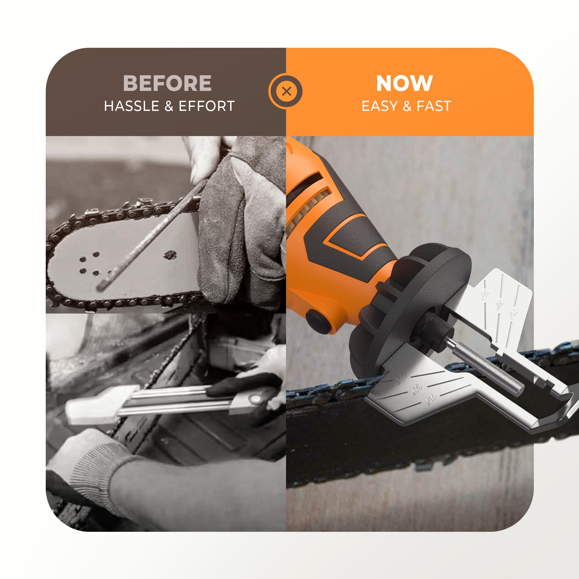 Sharp Pebble Electric Chainsaw Sharpener Kit - Comes with Chain Saw Sharpener Tool, 4 File Size Sharpening Wheel Bits, Angle Attachment, Wrench & eBook