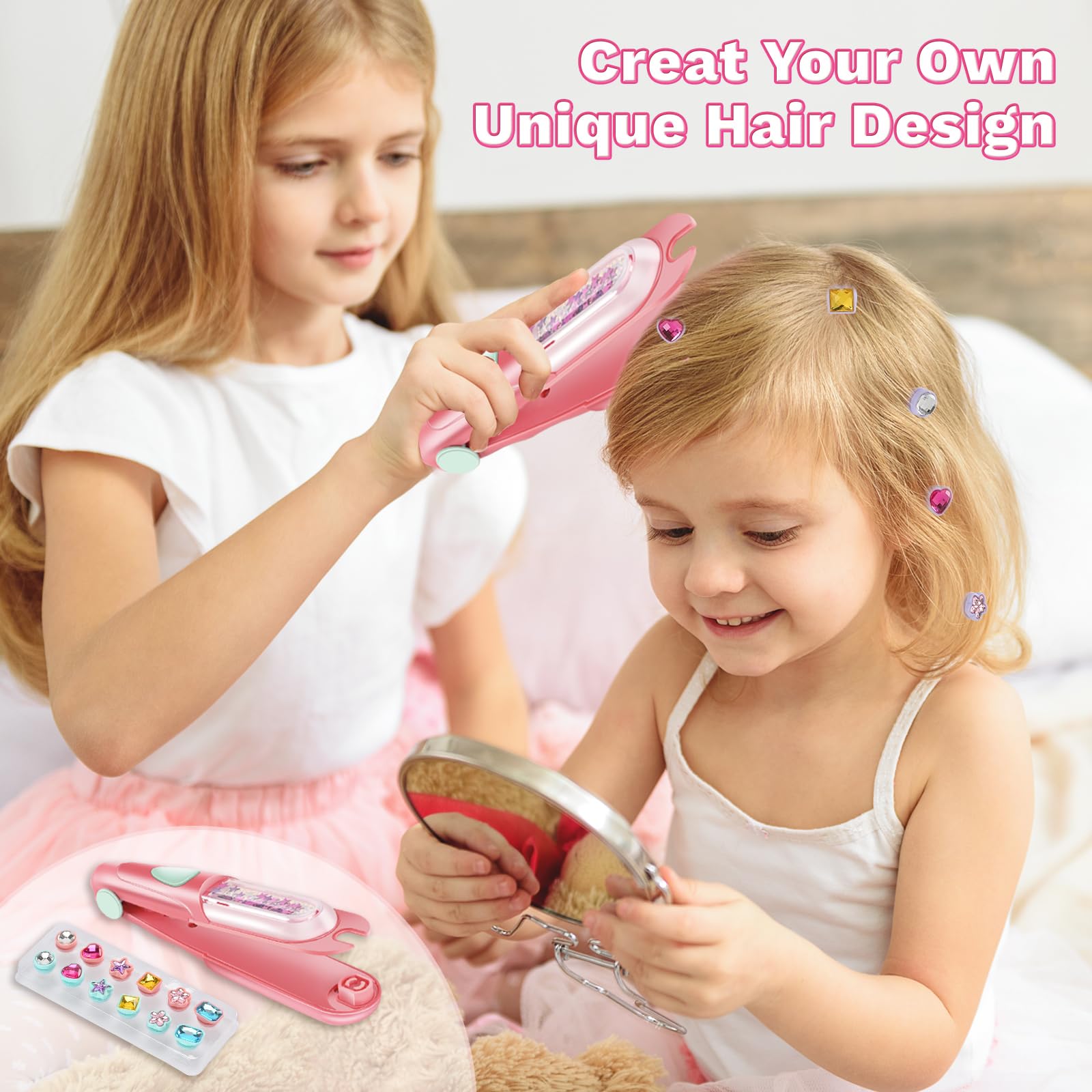kidzkube Hair Gem Stamper Kit, Bling Hair Jewels for Girls Toys, Hair Styling Tool with Reusable Shining Diamonds, Birthday Gifts Toys for Girls Ages 3 4 5 6 8-12