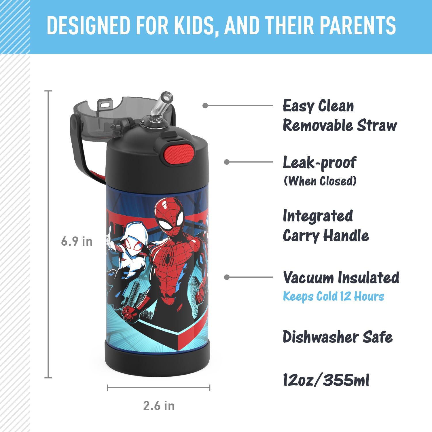THERMOS FUNTAINER Water Bottle with Straw - 12 Ounce - Kids Stainless Steel Vacuum Insulated Water Bottle with Lid, Spider-Man