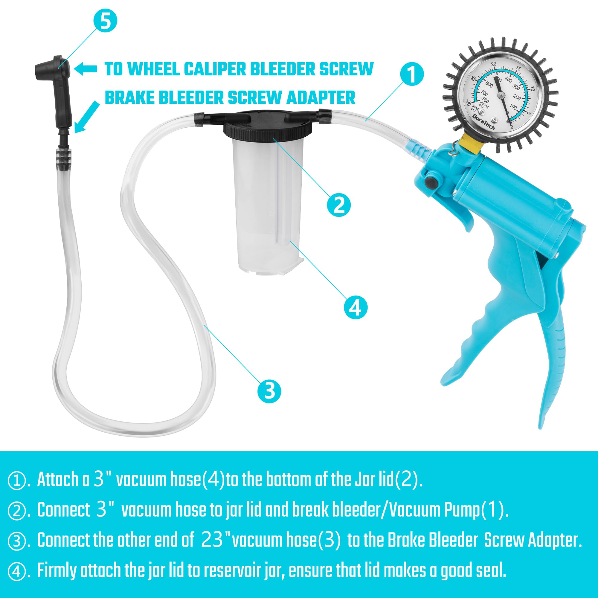 DURATECH 2 in 1 Brake Bleeder Kit, Brake Fluid Bleeder Kit with Handheld Vacuum Pump, for Automotive, Organized in Portable Case