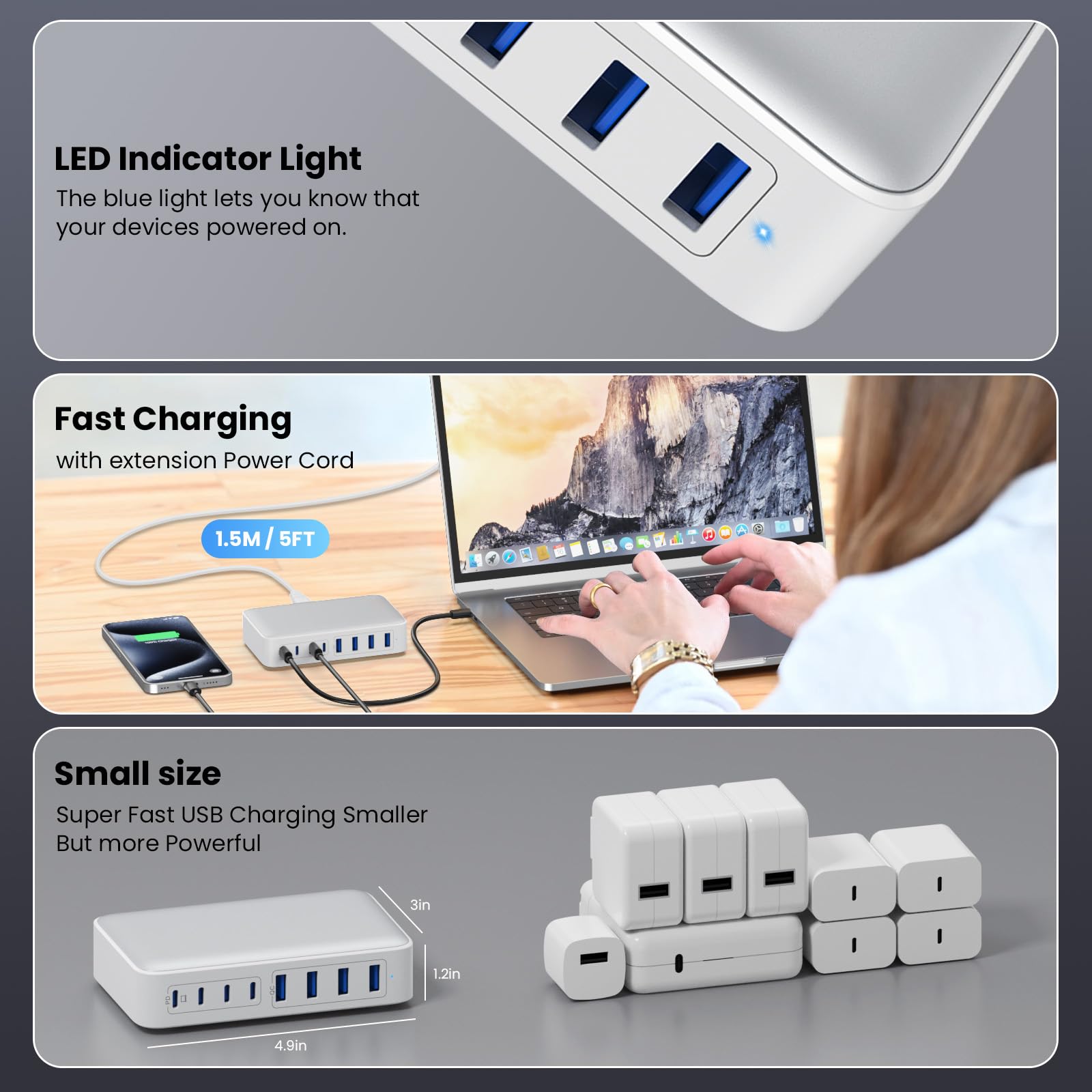 USB C Charger 200W USB C Charger Block,Upgraded GaN III 8-Port Fast Charging Station Hub,PD 65W Laptop Charging Adapter Compatible with MacBook Pro/Air,DELL,Steam Deck,iPhone 16/15/14,Galaxy S23/22