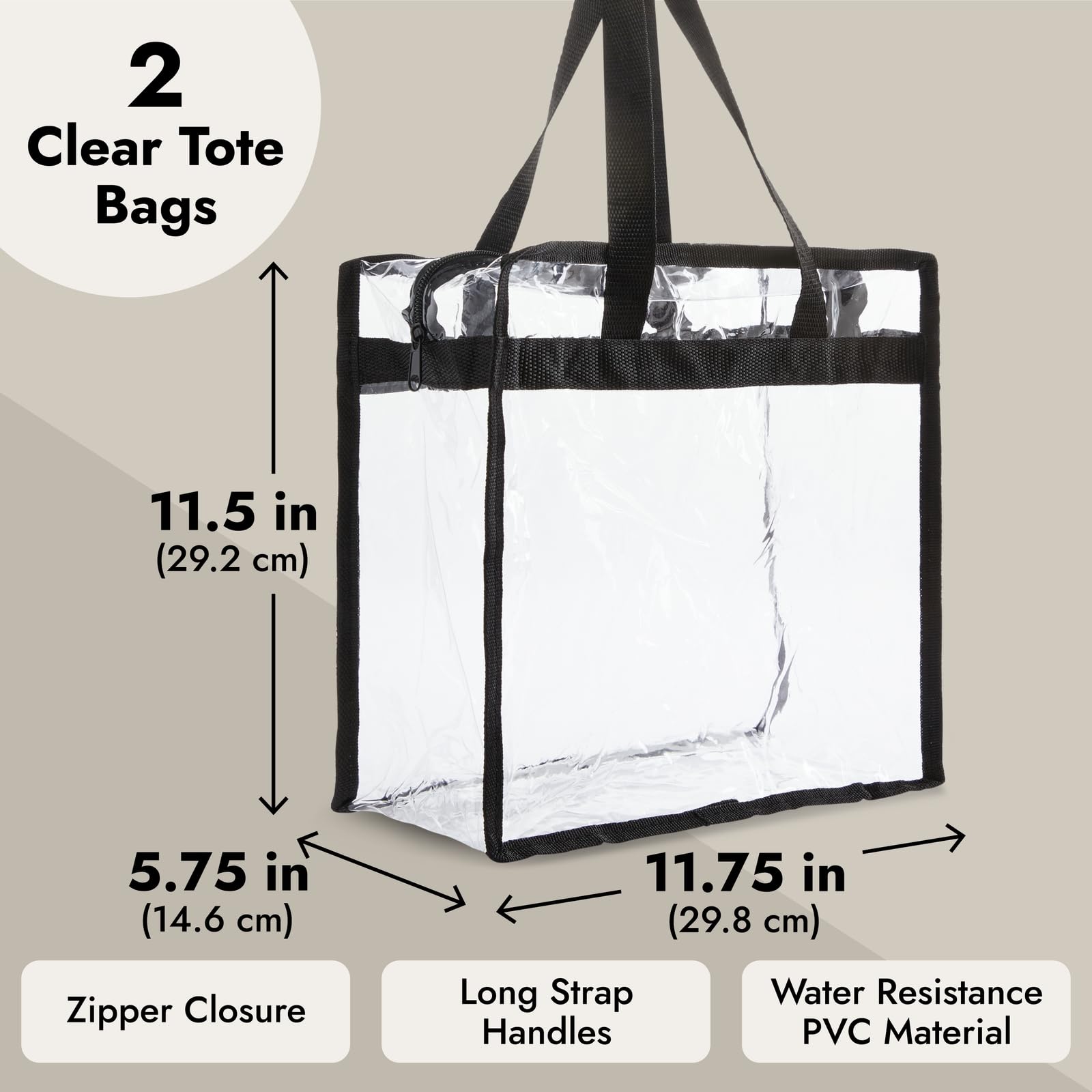 Juvale 2 Pack Clear Stadium Approved Bags - 12x6x12 Large Transparent Tote Bags with Zippers and Handles for Concerts, Sporting Events, Music Festivals, Work, School, Gym