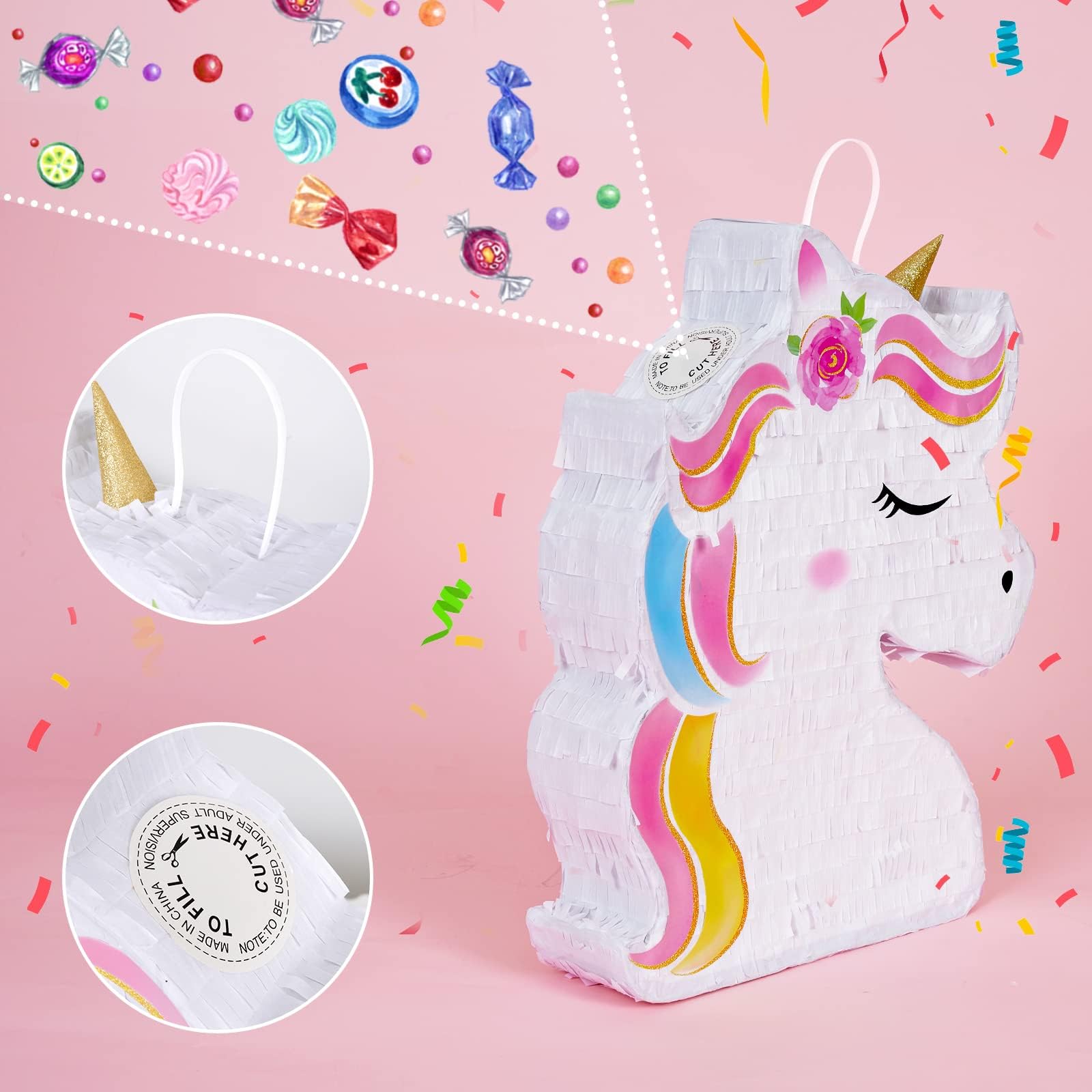 WERNNSAI Unicorn Piñata - Unicorn Party Supplies Piñata Bundle with Blindfold and Bat for Girls Kids Rainbow Unicorn Theme Birthday Party Game Decorations (15.7" x 12.2" x 3.1")