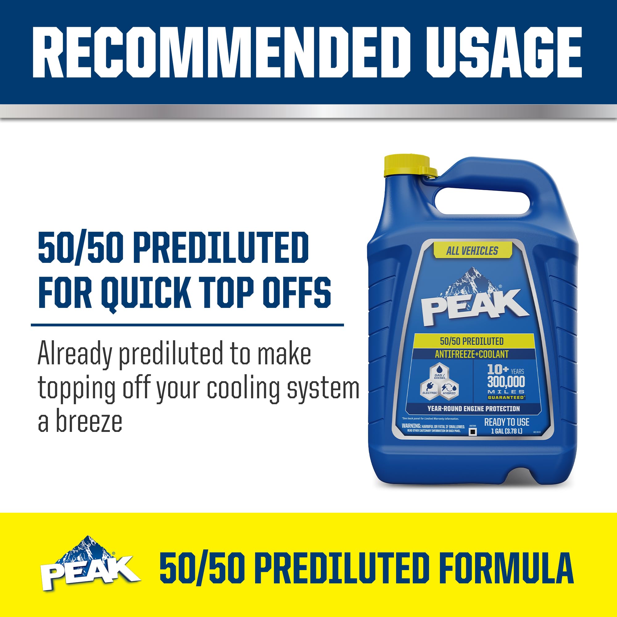 PEAK All Vehicles 50/50 Prediluted Antifreeze and Coolant for All Engine Cooling Systems, Long-Lasting Yellow Engine Coolant/Antifreeze for Year-Round Engine Protection, 1 Gal.
