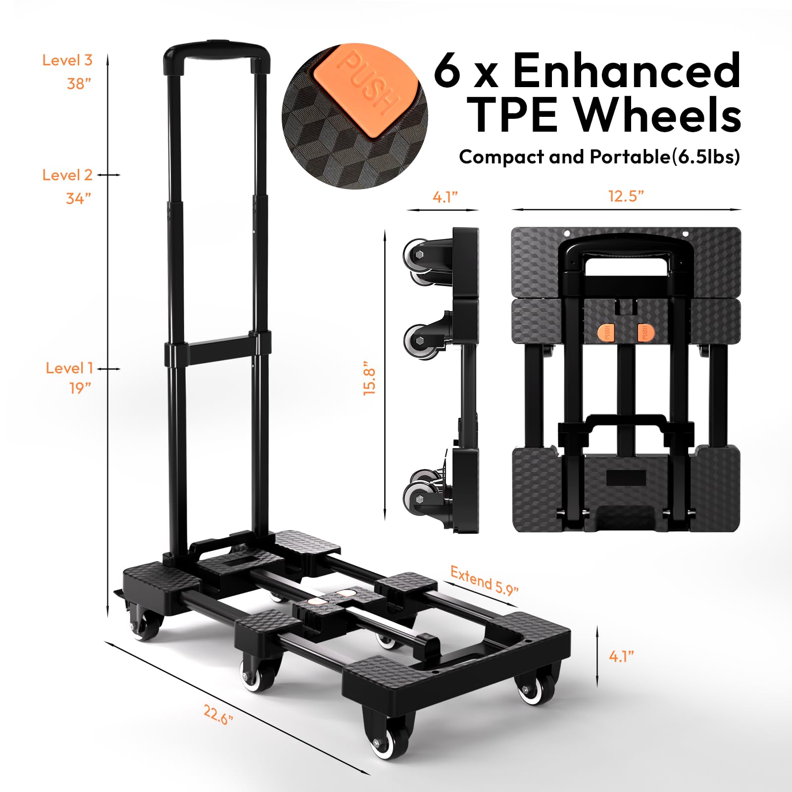 Voipvvii Folding Hand Truck 500lbs, Portable Heavy Duty Dolly Cart, 6 Wheels Collapsible Luggage Cart with 2 Elastic Ropes - Compact Trolley Cart for Easy Moving - Ideal Hand Cart for Travel and More