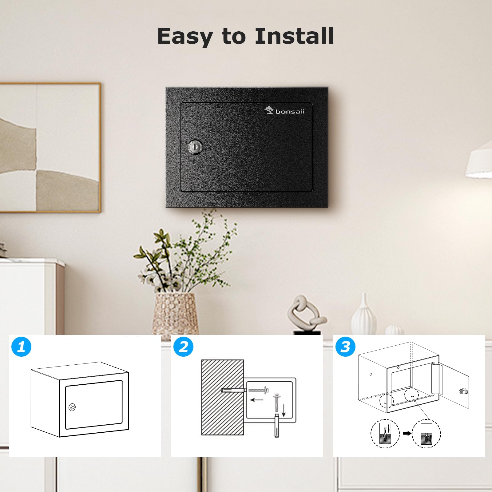 Bonsaii Safe Box with Key Lock, Steel Security Lock Box, 0.23 Cubic Feet, 9.06" W x 6.69" D x 6.69" H, Small Hidden Safe for Cash Jewelry