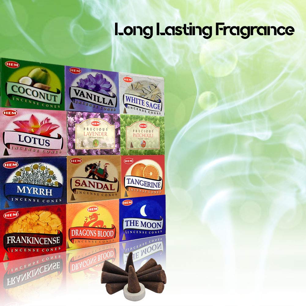 HEM Assorted Incense Cones – Pack of 12 Scents (10 Cones Each, 120 Total) – Natural Aromatherapy Fragrance for Meditation, Relaxation, Yoga, and Home Use