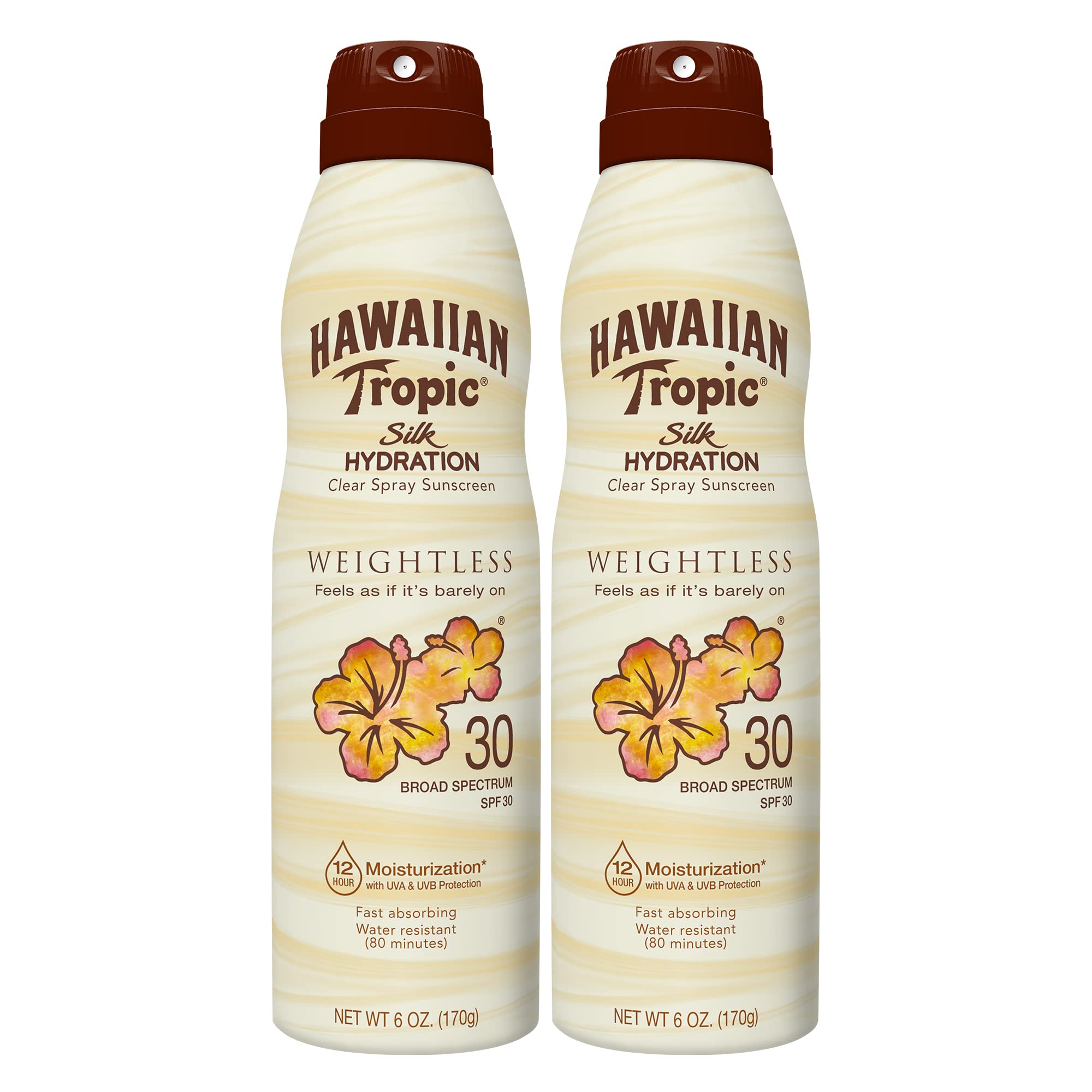 Hawaiian Tropic Weightless Hydration Clear Spray Sunscreen SPF 30, 6oz Twin Pack | Hawaiian Tropic Sunscreen SPF 30, Sunblock, Oxybenzone Free Sunscreen, Spray On Sunscreen Pack, 6oz each