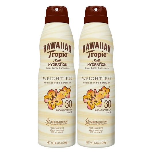 Hawaiian Tropic Weightless Hydration Clear Spray Sunscreen SPF 30, 6oz Twin Pack | Hawaiian Tropic Sunscreen SPF 30, Sunblock, Oxybenzone Free Sunscreen, Spray On Sunscreen Pack, 6oz each