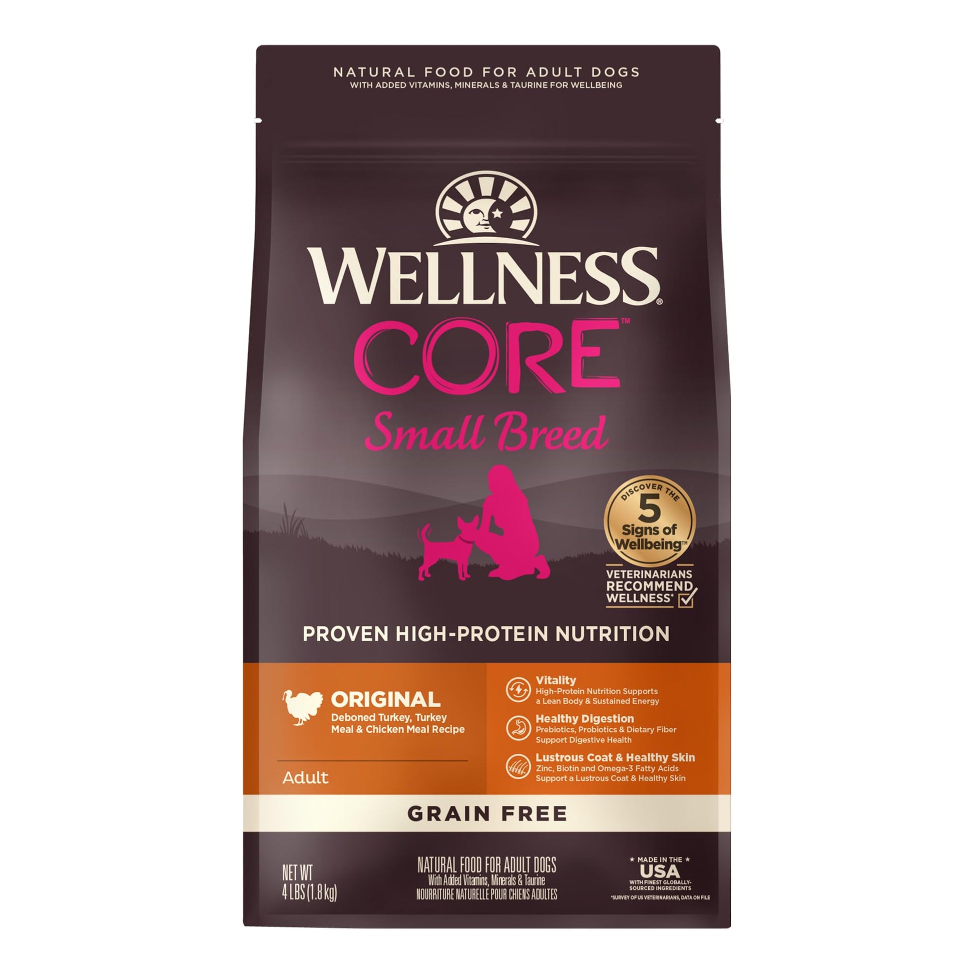 Wellness Natural Pet Food CORE Natural Grain-Free Small Breed Turkey & Chicken Dry Dog Food for Adult Dogs, High-Protein, USA-Made with Real Meat, 12-Pound Bag