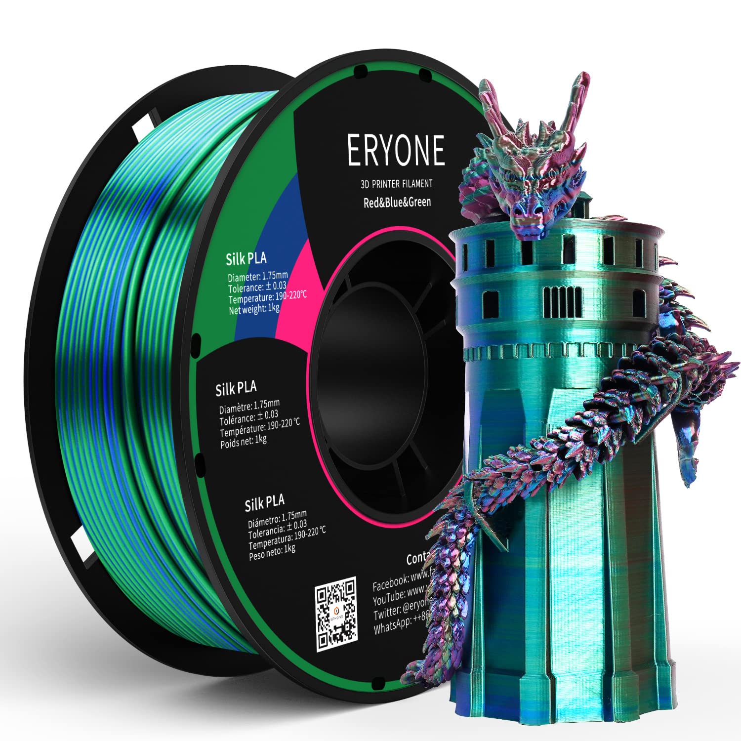 ERYONE Silk Dual Color Filament PLA 3D Printer 1.75mm +/- 0.03mm, Coextrusion Filament PLA Shiny Filament 1kg(2.2lbs), Blue Green