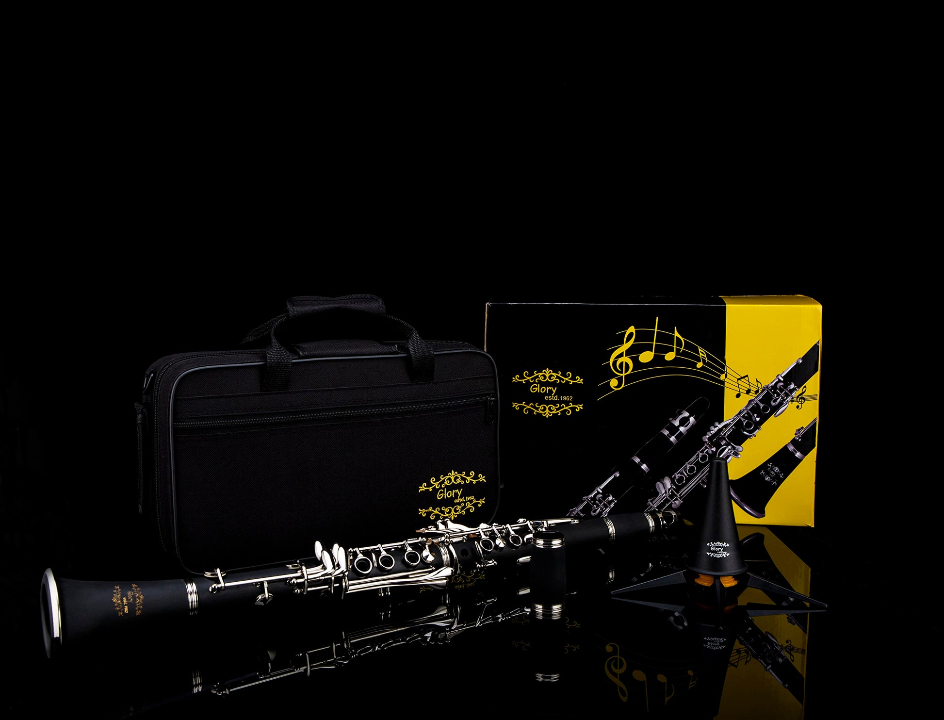 Glory GLY-PBK Professional Ebonite Bb Clarinet with 10 Reeds, Stand, Hard Case, Cleaning Cloth, Cork grease, Mouthpiece Brush and Pad Brush, Black