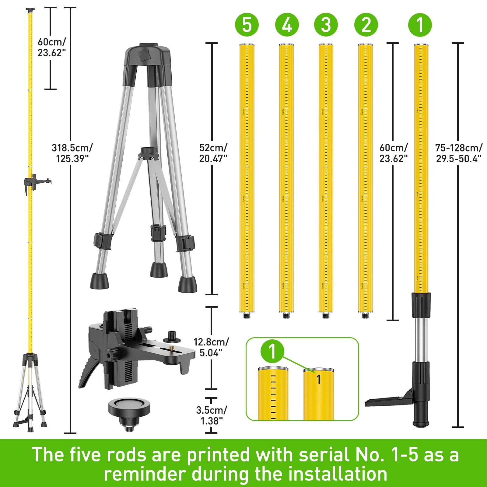 Huepar 12 Ft./3.7M Professional Laser Level Pole with Tripod and 1/4-Inch by 20-Inch Laser Mount for Rotary and Line Lasers, Adjustable Telescoping Laser Pole with 5/8"-11 Threaded Adapter-LP36A