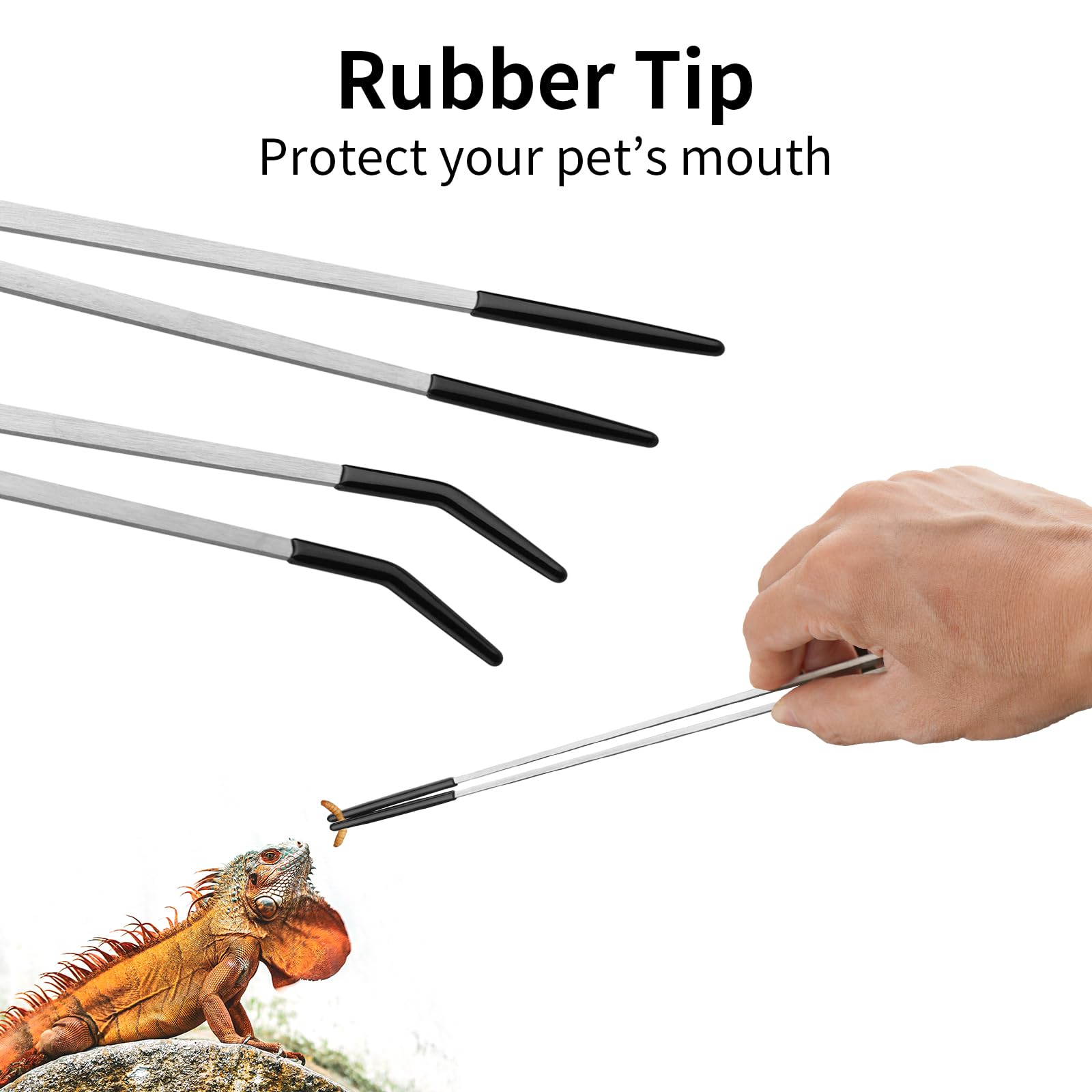 Novery 2PCS Stainless Steel Reptile Feeding Tongs with Rubber Tip, 10.6” Straight & Curved Long Tweezers for Aquarium or Craft, Bearded Dragon Tank Snakes Enclosure Accessories, Terrarium Supplies