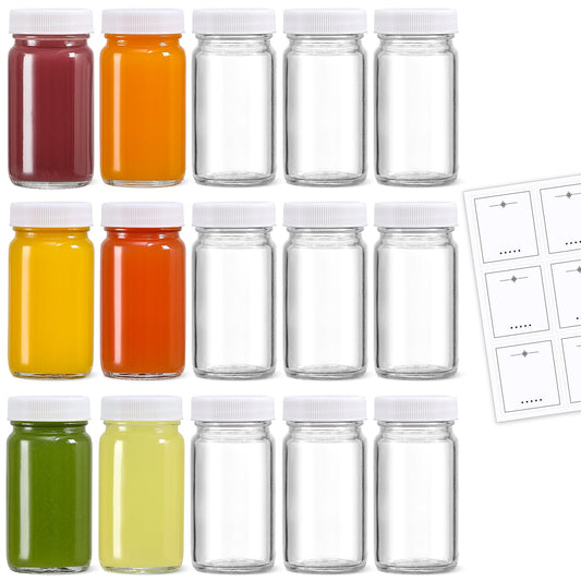 15 Pack 2 oz Glass Shot Bottles w/ White Lids & 15 Labels - Small Clear Jar for Ginger, Wellness Shot, Juice, Sample, Whiskey - Travel Mini Bottles - Wide Mouth, Leakproof, Dishwasher Safe