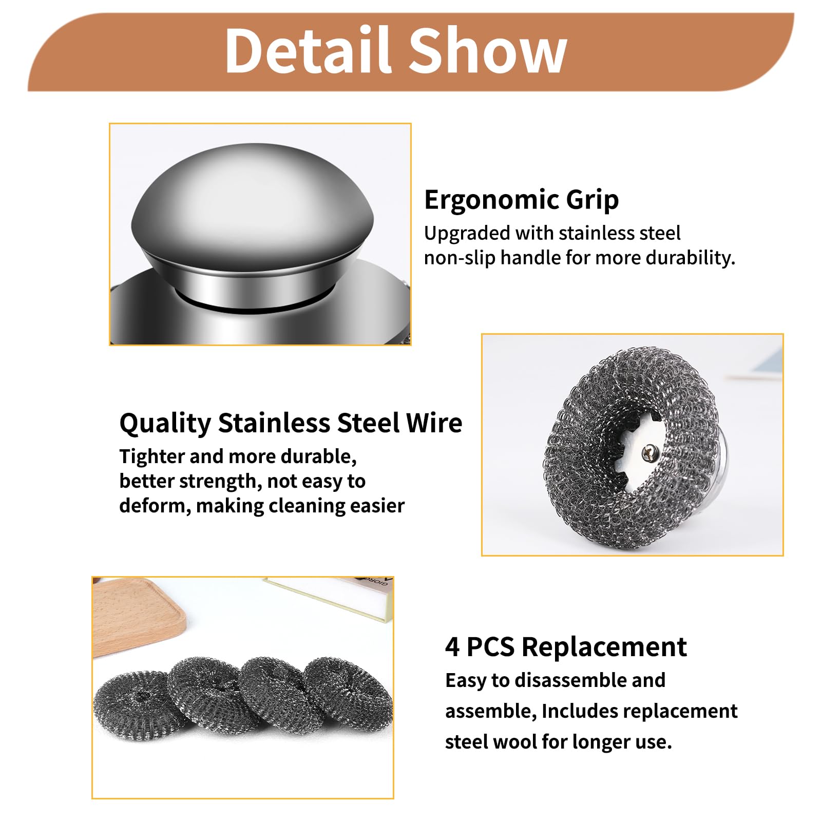 5Pcs Steel Wool Scrubber with Replacement Wire Sponge Pads Set, Stainless Steel Scrubber with Handle for Scouring Stubborn Messes from Cast Iron, Pots, Pans, Grill, Stoves, Sink(1 Scrubber+4 Pads)