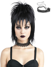 AMZCOS Short Black Cosplay Wig with Fluffy Curl Buns and Choker Accessories –Heat Resistant Synthetic Hair Straight Wigs with Bangs for Gothic Witch Costume