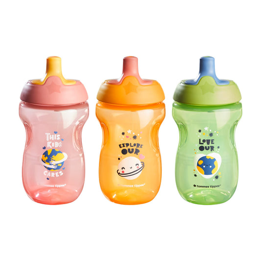 Tommee Tippee Sportee Water Bottle for Toddlers, 12 months+, 10oz, Spill-Proof Sippy Cup, Easy to Hold, Bite Resistant Spout, Pack of 3, Pink, Green and Orange