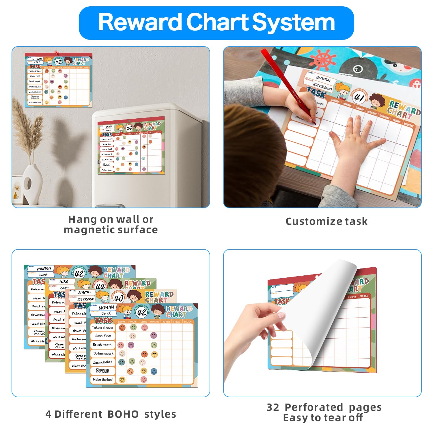 ANSTROUT Boho 32 Chore Charts Behavior Reward Chart System,Sticker Chore Chart Pad for Kids with 2328 Stickers, 12.2" x 9.8" Magnetic Reward Chart to Develop Responsibility & Good Habits.
