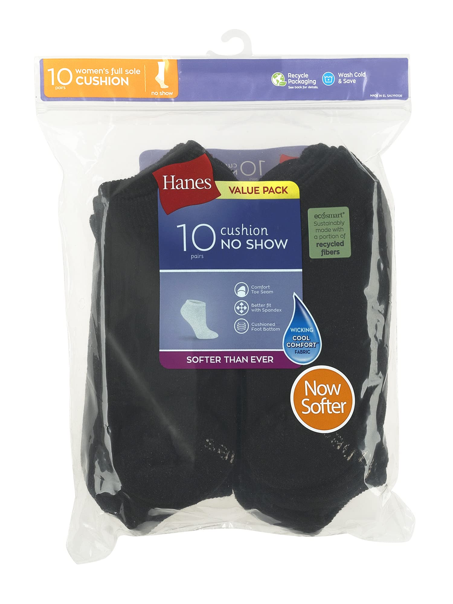 Hanes Womens Value Pack, No Show Soft Moisture-wicking Socks, Available In 10 And 14-packs, Black - 10 Pack, 5-9 US
