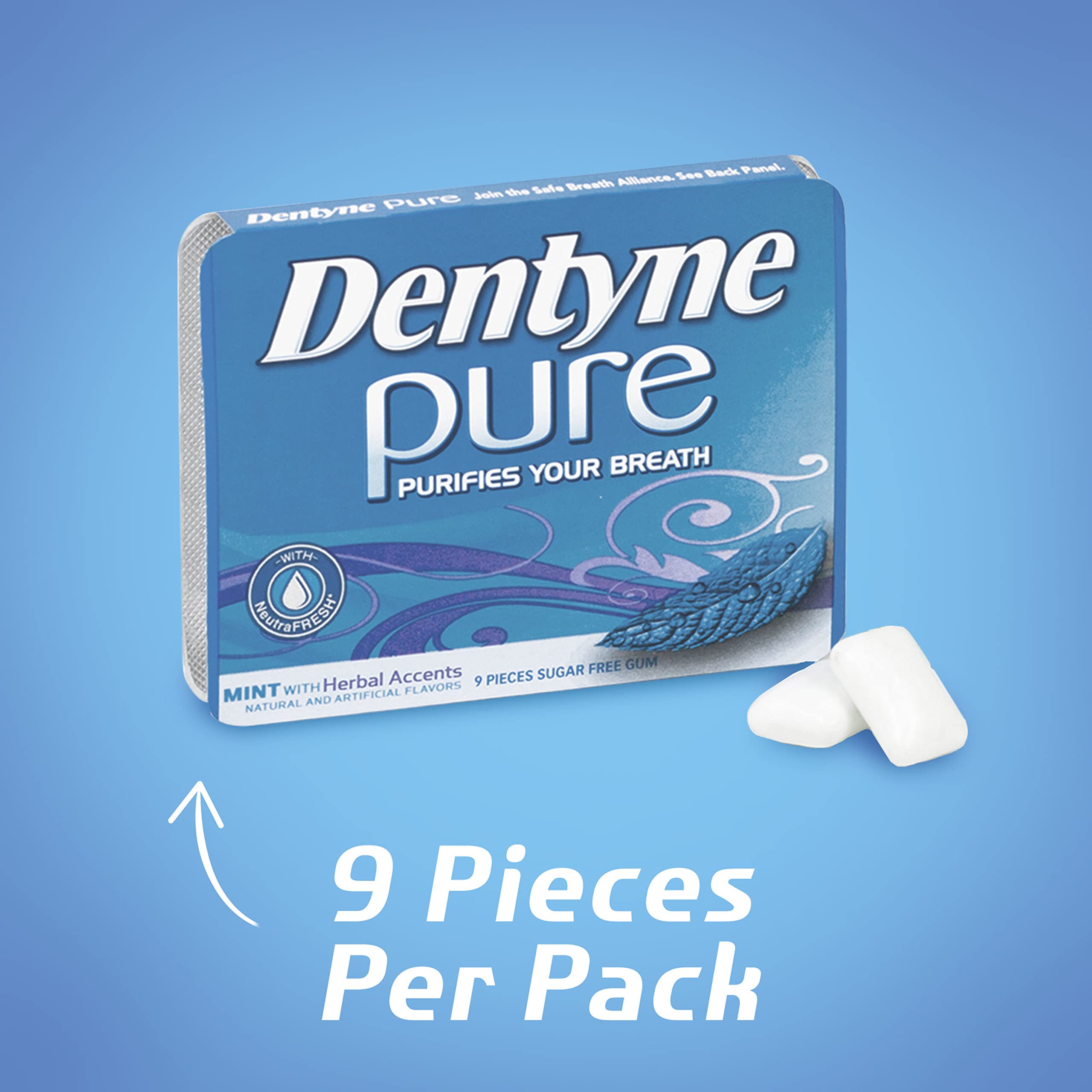 Dentyne Pure Mint with Herbal Accents Sugar Free Gum, 10 Packs of 9 Pieces (90 Total Pieces)