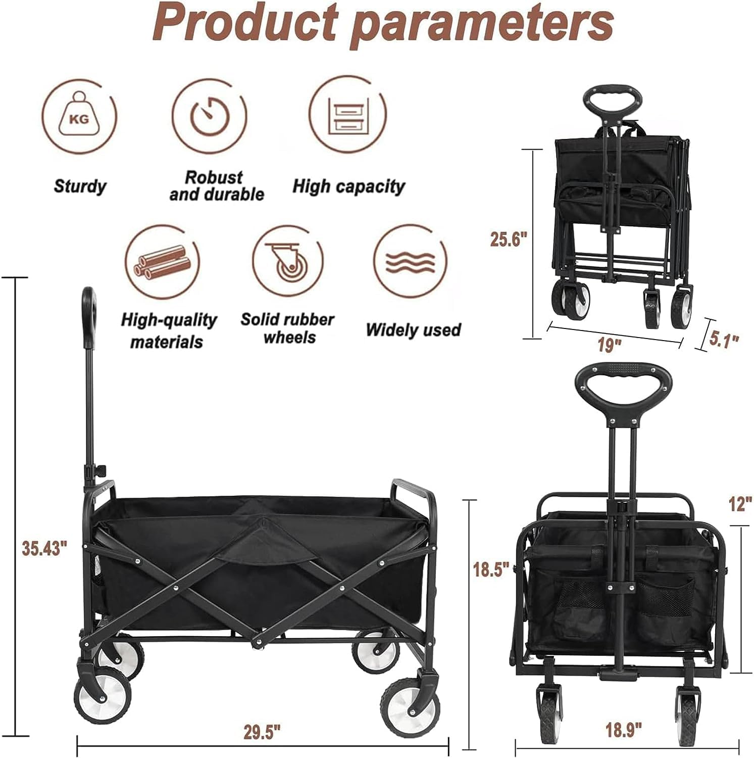 Collapsible Foldable Wagon, Beach Cart Large Capacity, Heavy Duty Folding Wagon Portable, Collapsible Wagon for Sports, Shopping, Camping (Black)