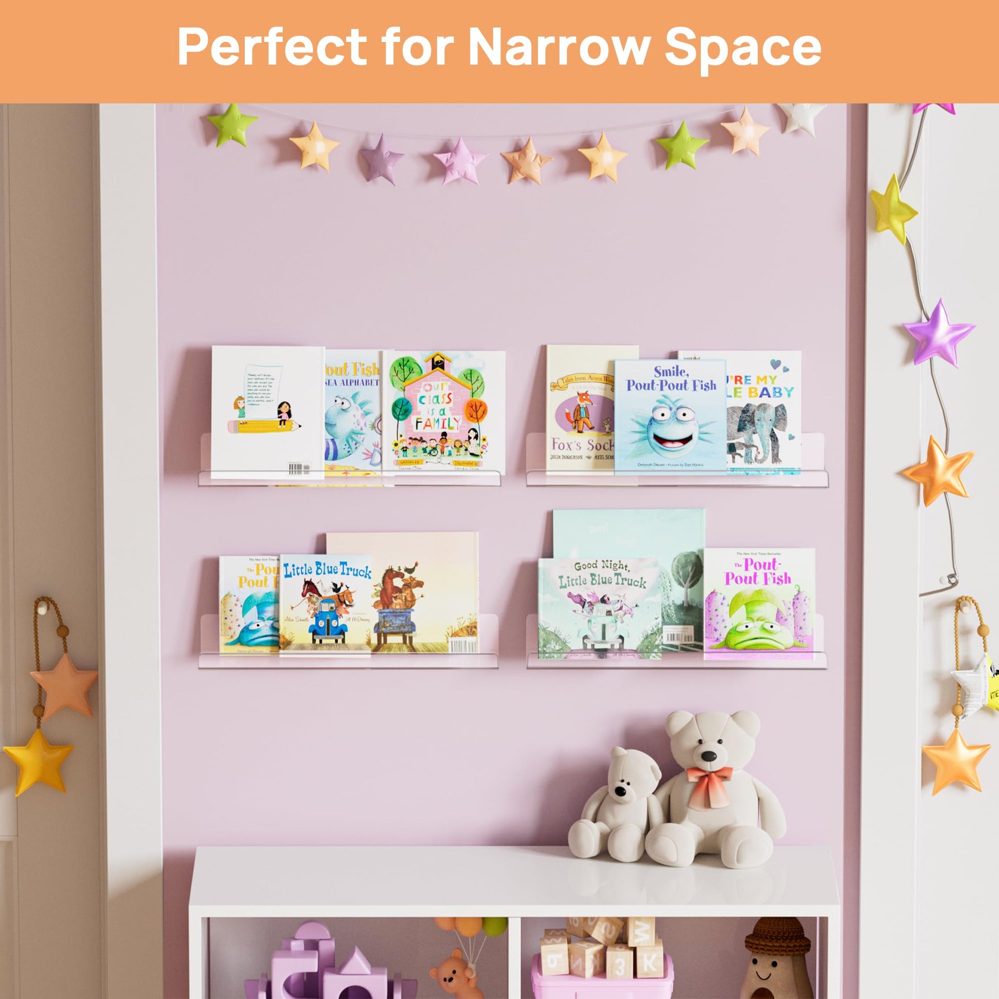 upsimples Acrylic Shelves for Bathroom Storage, 15" Floating Shelves Wall Organizer for Perfume, Make up, Skincare, Kids Bookshelf for Bedroom, Nursery, Living Room Decor, Clear, 4 Pack