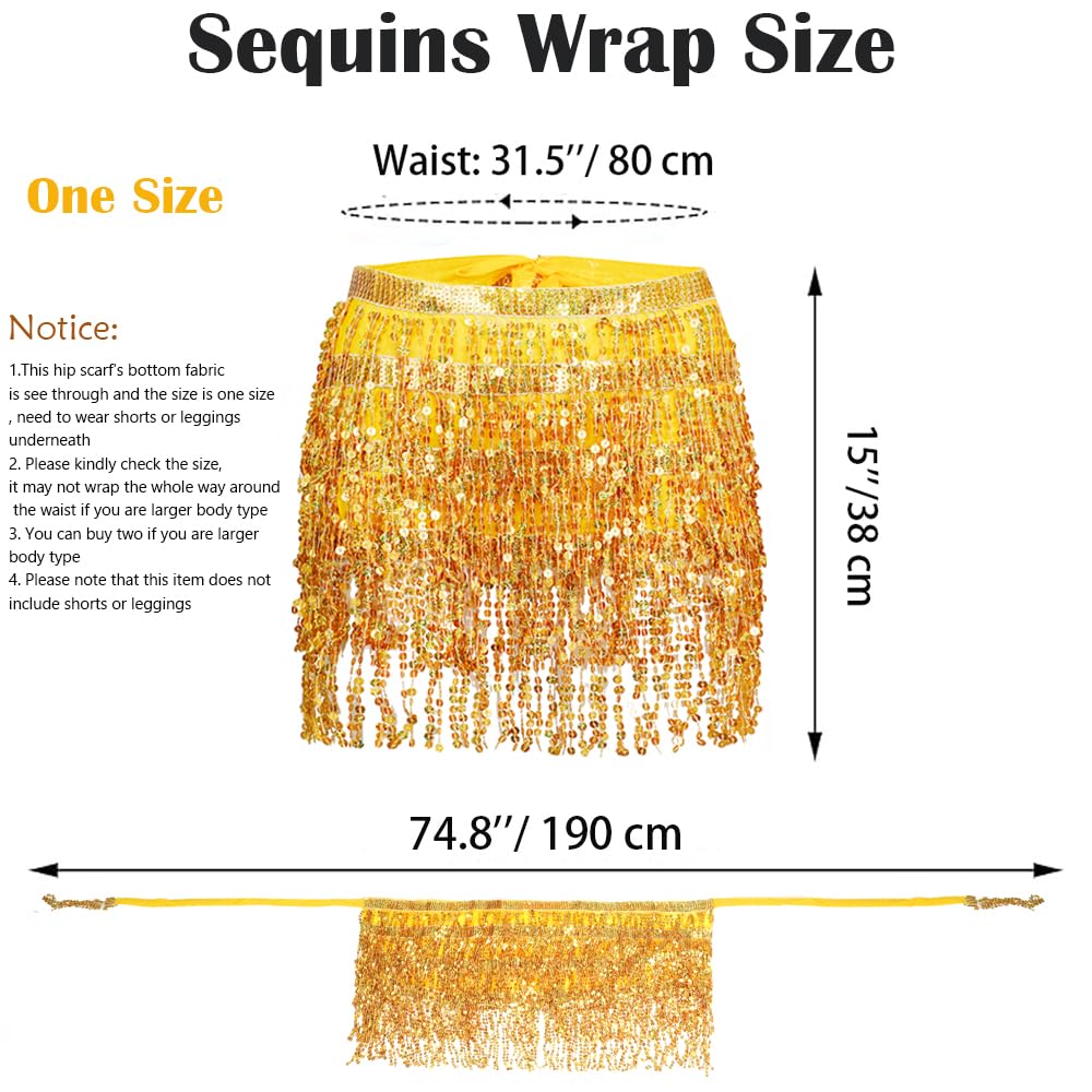 Women's Sequin Tassel Skirts Sparkly Rave Fringe Hip Scarf for Festival Costume(Gold)