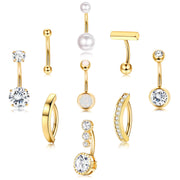 FIASASO 9 Pcs Gold Belly Button Ring - Surgical Stainless Steel CZ Opal Pearl Clicker Piercings for Women Navel Pack Silver/Gold