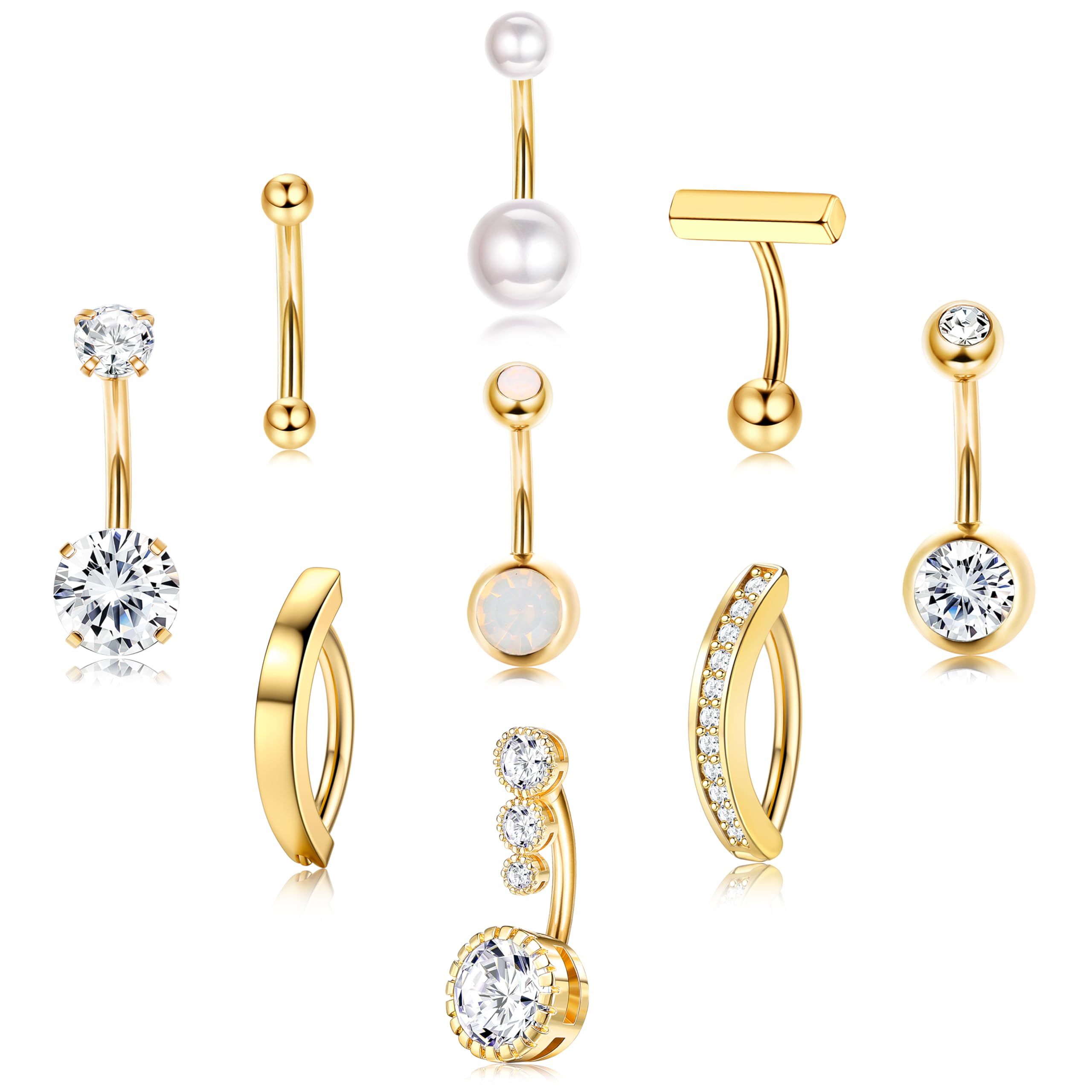 FIASASO 9 Pcs Gold Belly Button Ring - Surgical Stainless Steel CZ Opal Pearl Clicker Piercings for Women Navel Pack Silver/Gold